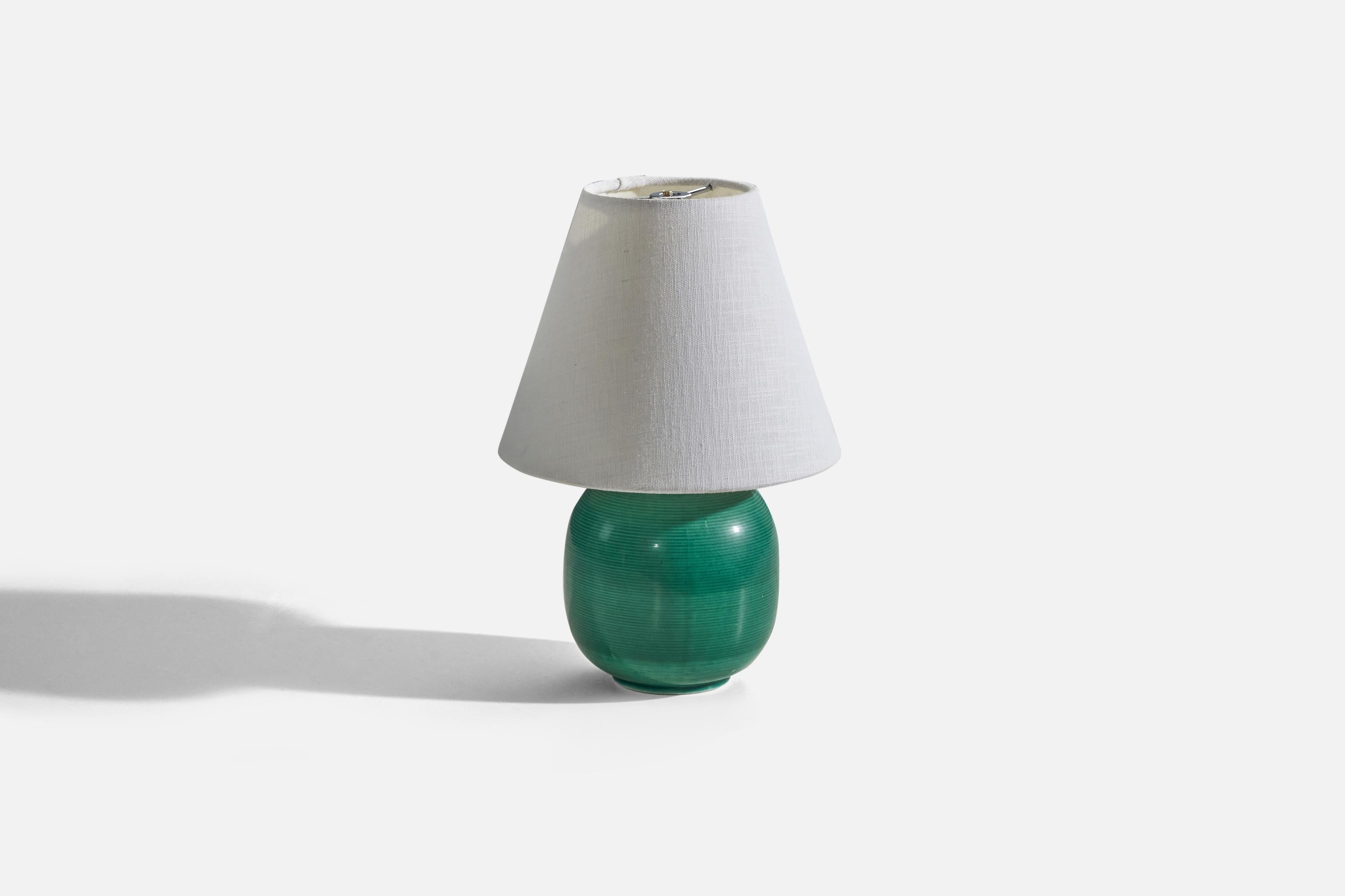 Mid-Century Modern Rörstrand, Table Lamp, Green Glazed Stoneware, Sweden, 1940s For Sale