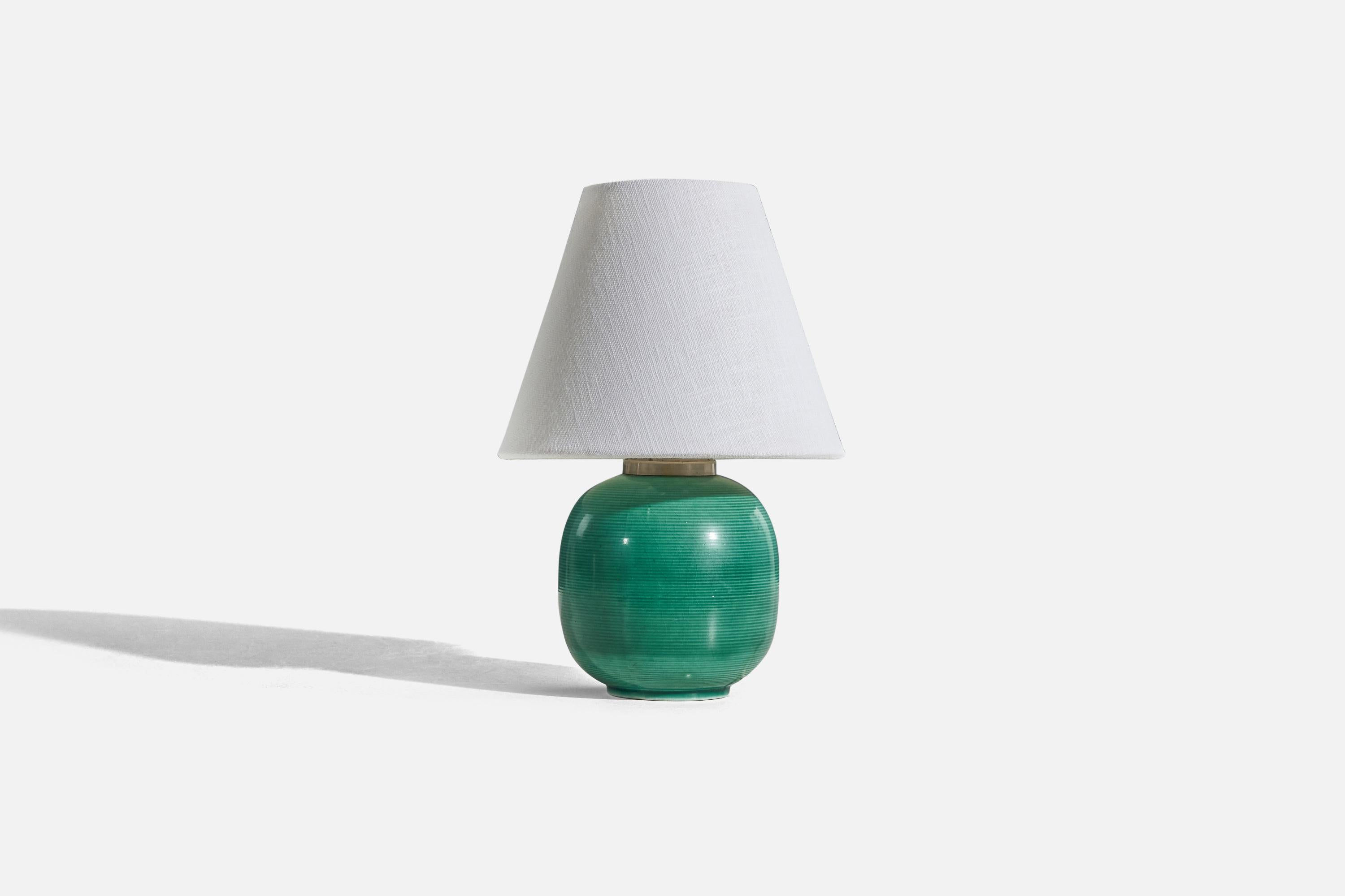 Swedish Rörstrand, Table Lamp, Green Glazed Stoneware, Sweden, 1940s For Sale