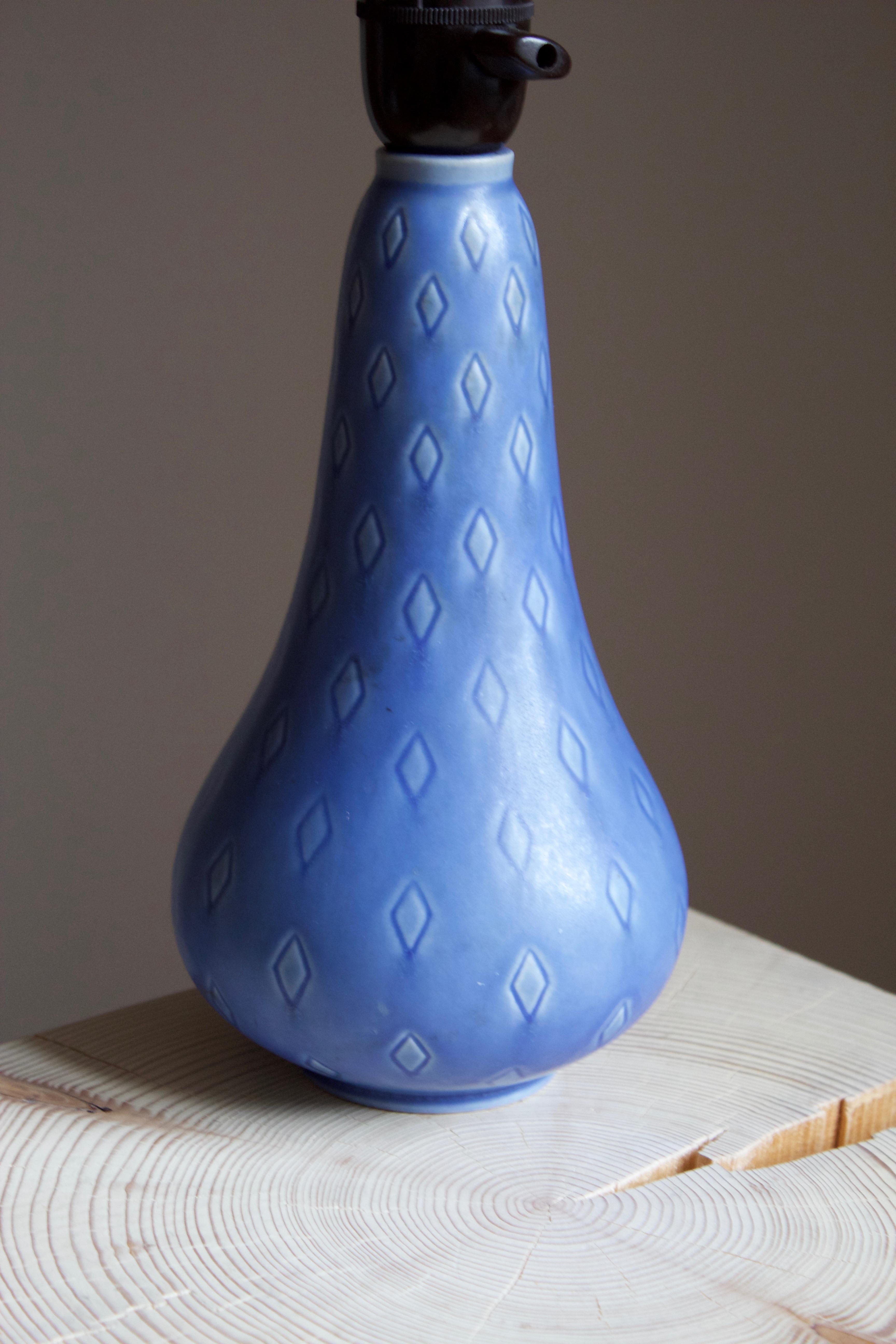 Swedish Rörstrand, Table Lamp, Incised Blue Glazed Ceramic, Sweden, 1950s