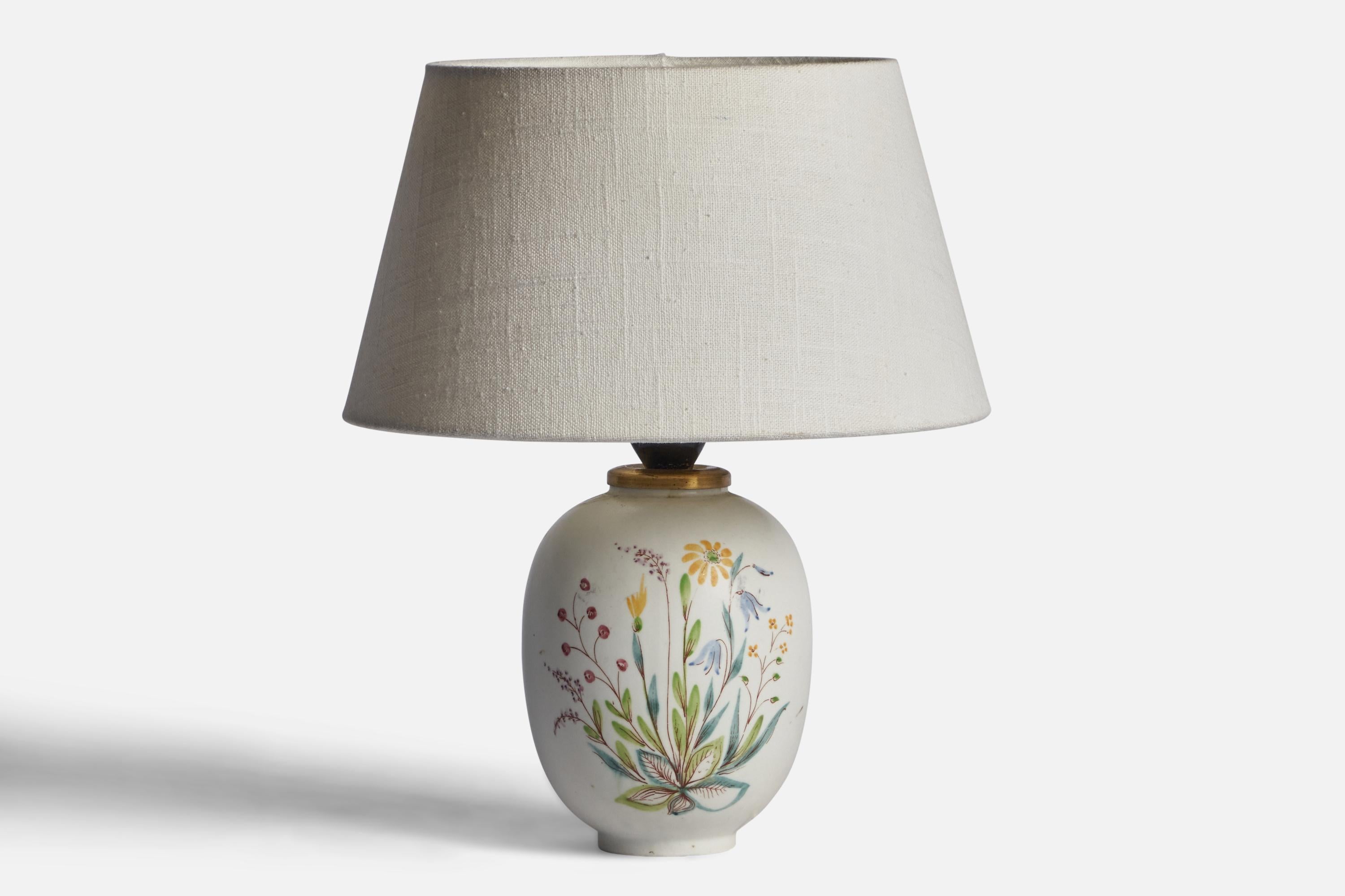 A white-glazed and hand-painted stoneware and brass table lamp designed and produced by Rörstrand, Sweden, c. 1950s.

Dimensions of Lamp (inches): 9.25” H x 4.5” Diameter
Dimensions of Shade (inches): 7” Top Diameter x 10” Bottom Diameter x