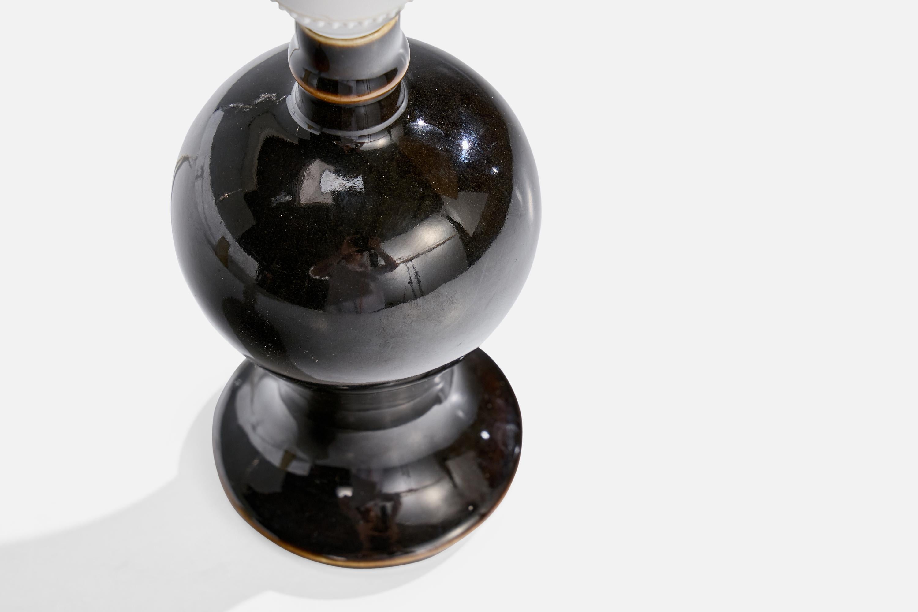 Mid-20th Century Rörstrand, Table Lamp, Stoneware, Fabric, Sweden, 1940s For Sale