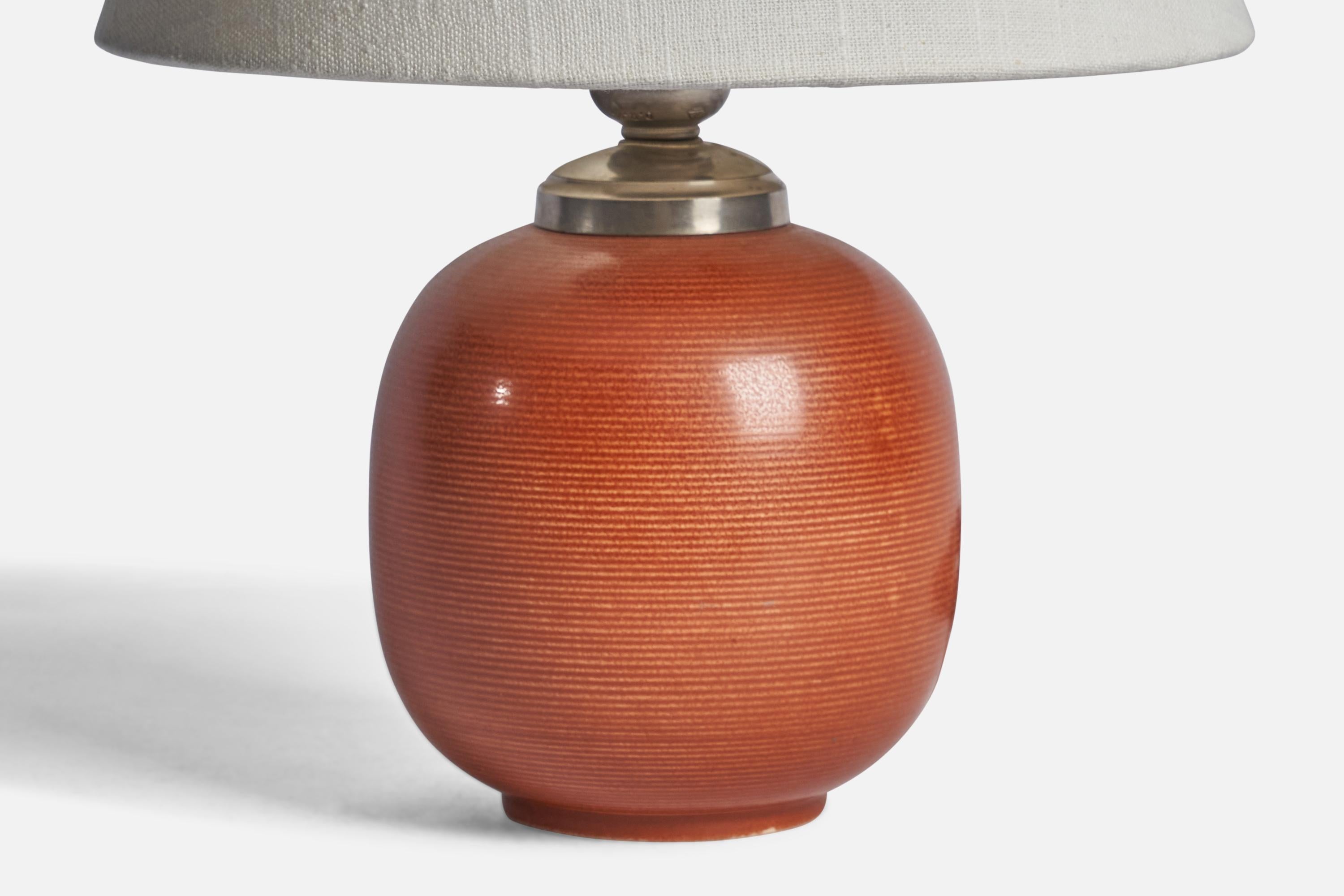 Swedish Rörstrand, Table Lamp, Stoneware, Metal, Sweden, 1930s For Sale