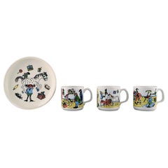 Vintage Rörstrand, Three Cups and One Plate in Porcelain with Pippi Longstocking Motifs