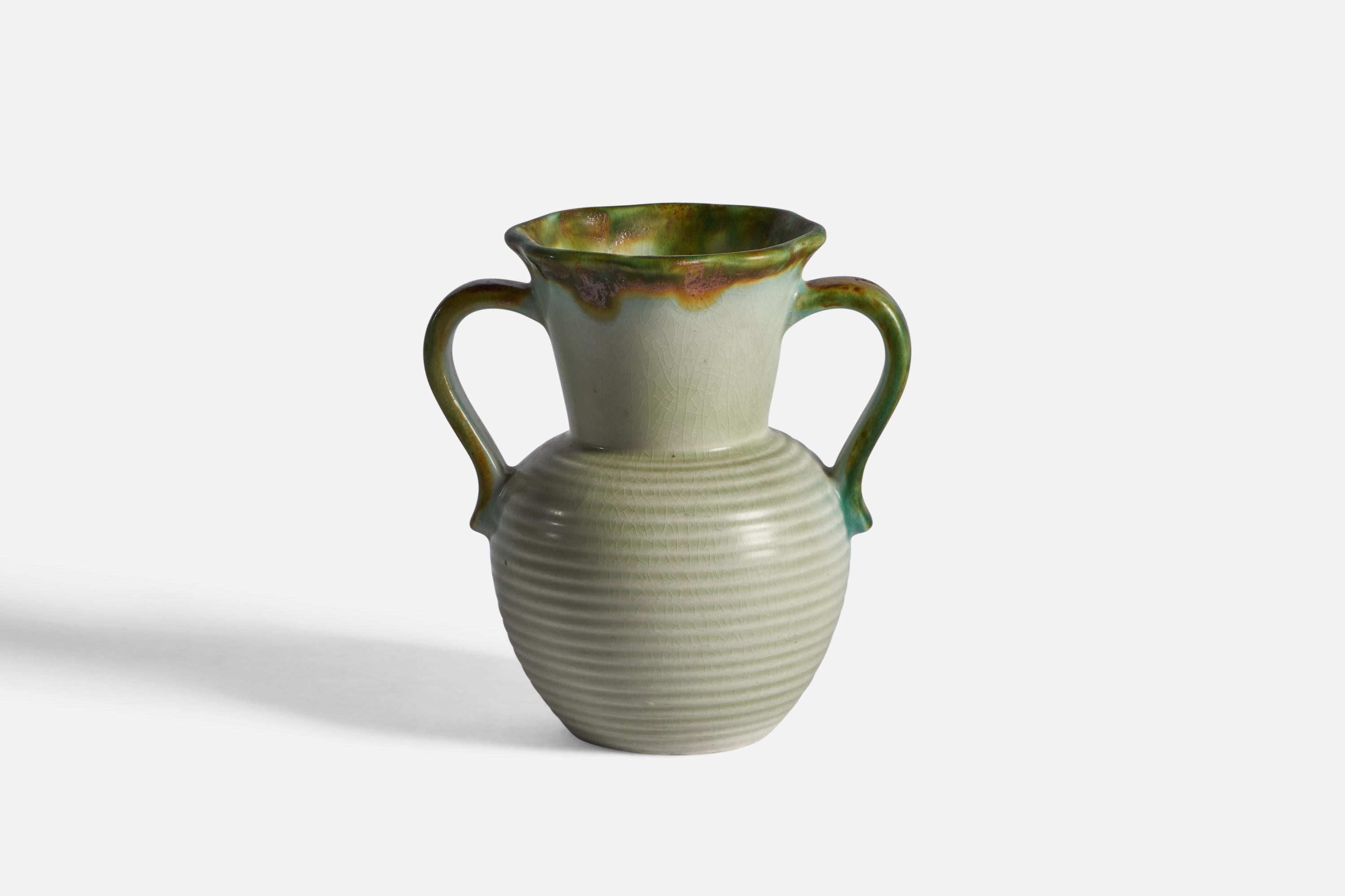 A green and grey-glazed stoneware vase, designed and produced by Rörstrand, c. 1930s.