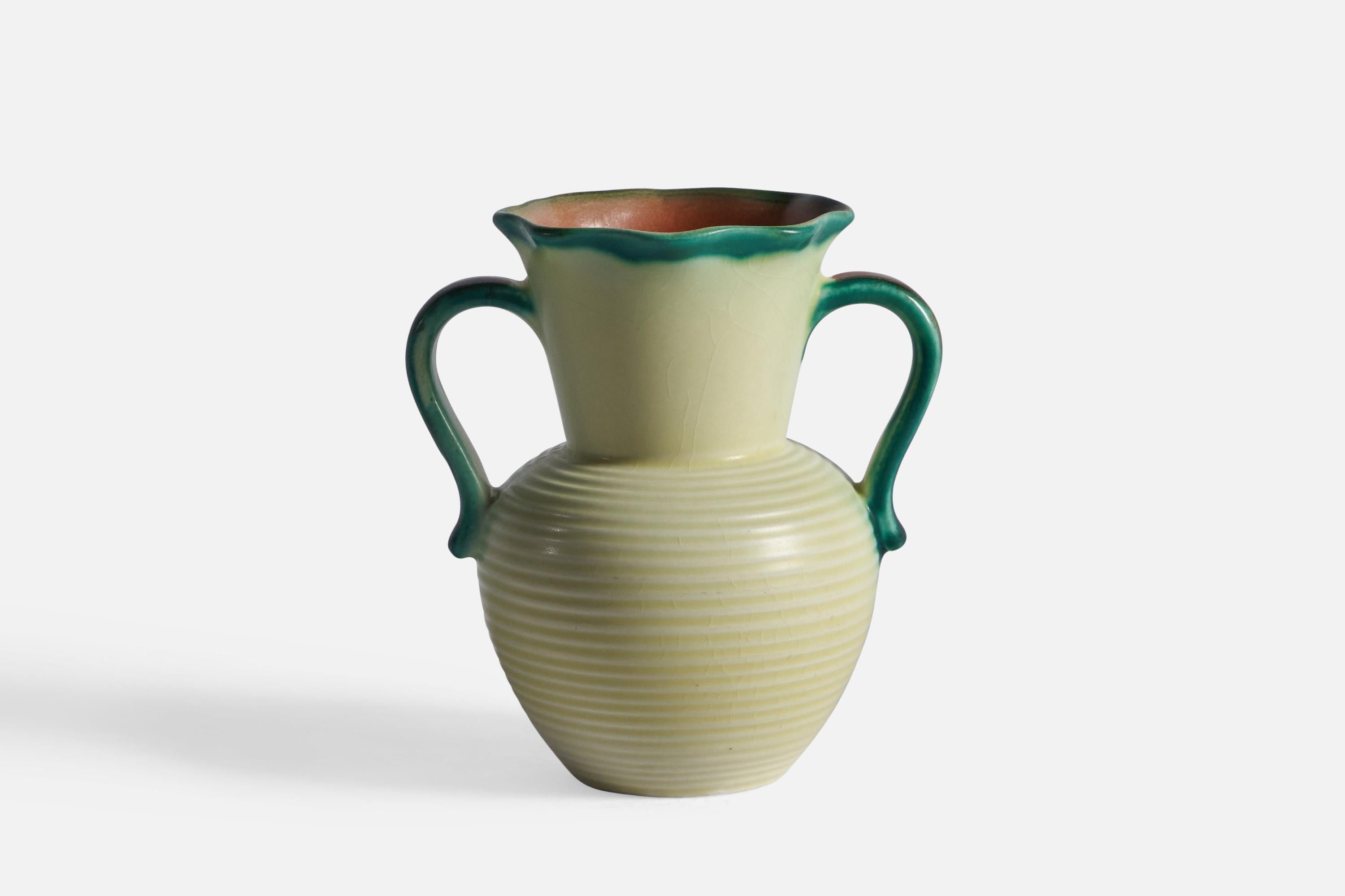 A green and yellow-glazed stoneware vase, designed and produced by Rörstrand, Sweden, 1940s.