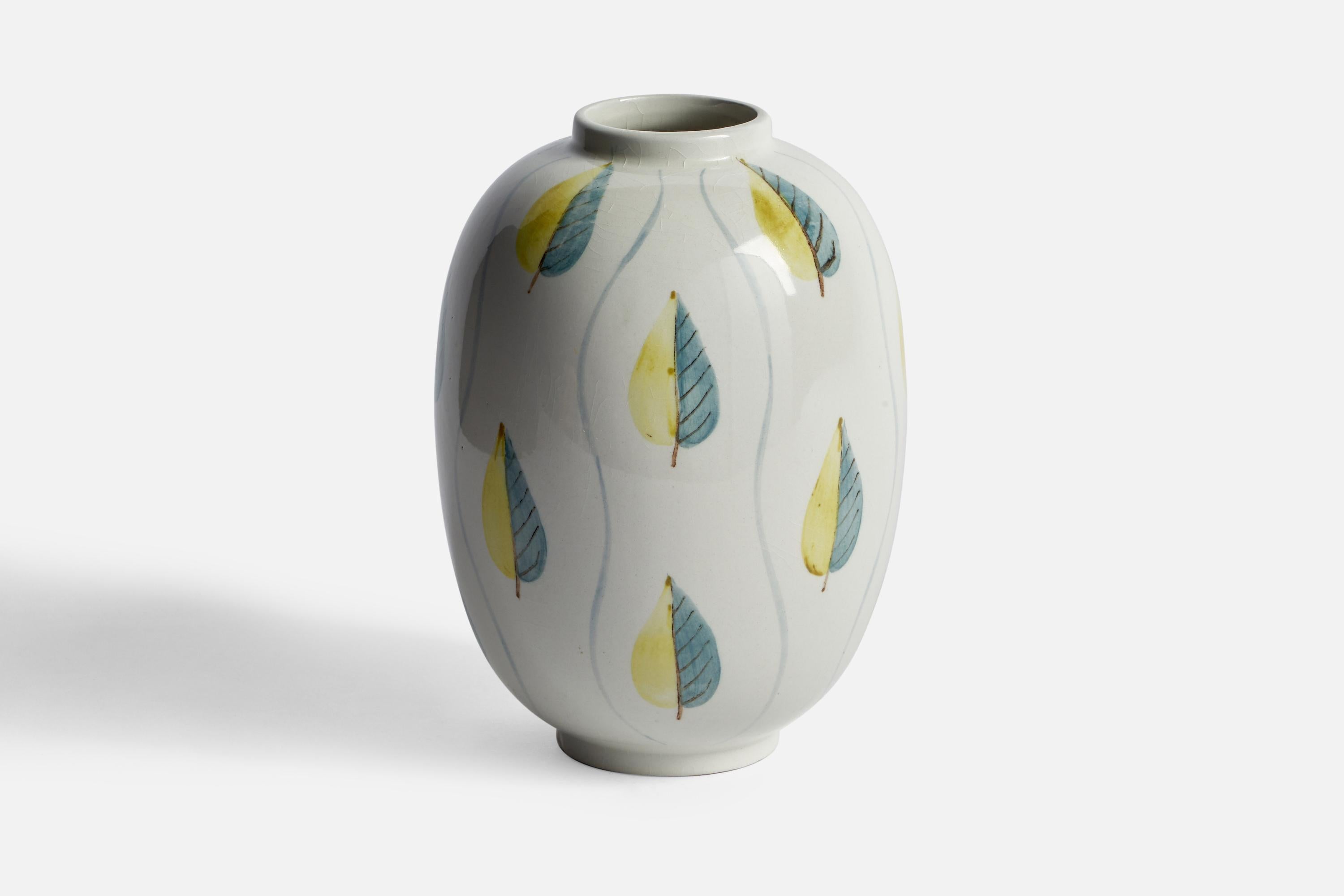 A hand-painted green, yellow and white vase designed and produced by Rörstrand, Sweden, 1940s.