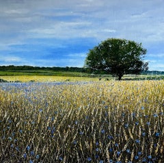 Cornflowers - original countryside lake waterscape artwork oil realism modern