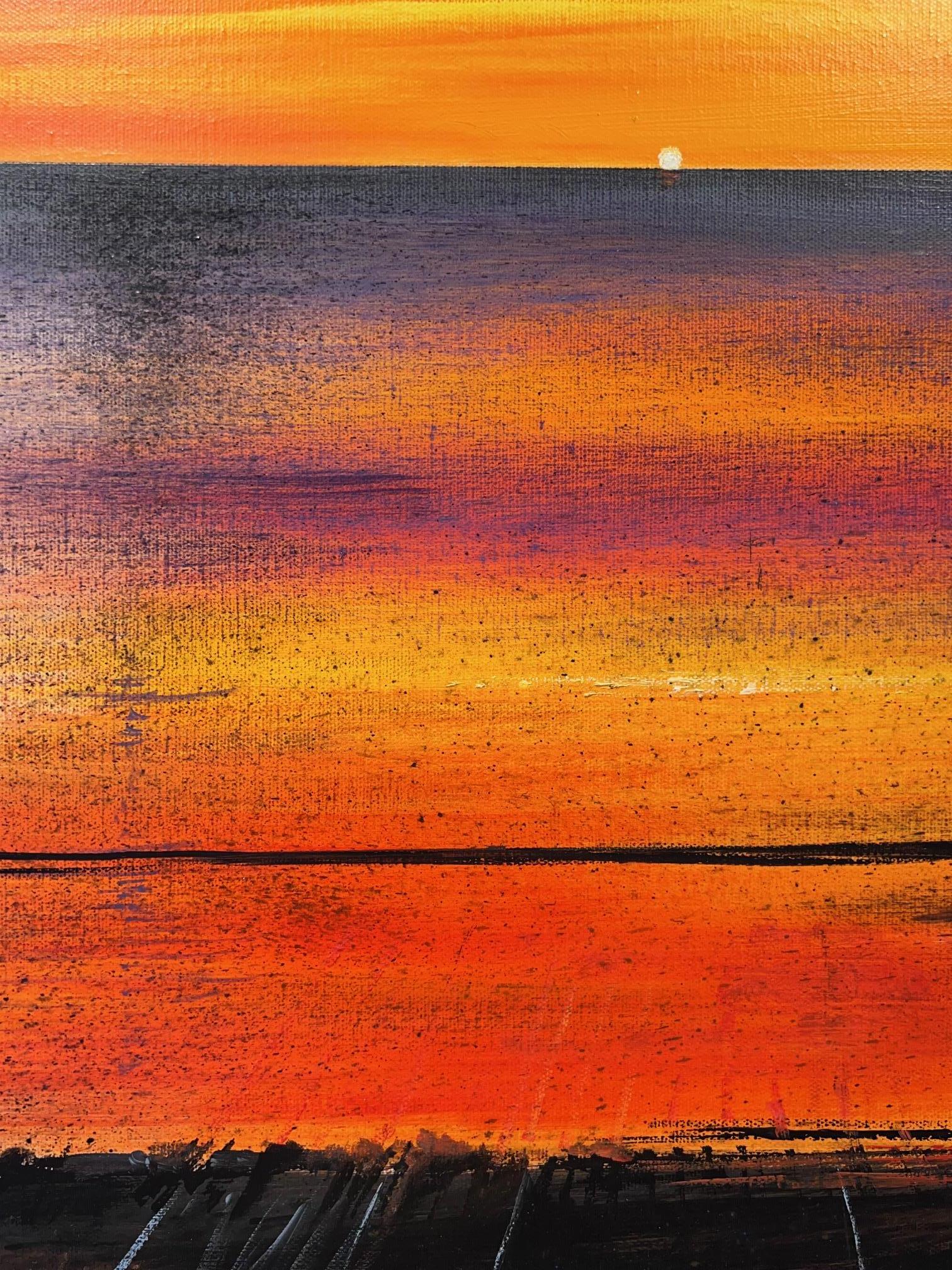 Dieses außergewöhnliche Kunstwerk ist derzeit in der Signet Contemporary Art Gallery und online ausgestellt und zu verkaufen. In Orange Dawn fängt Rory J. Browne den atemberaubenden Moment ein, wenn das erste Licht des Tages über den Horizont