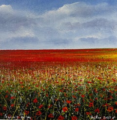 Amapolas y Azul - pintura al óleo realismo original- obra de arte paisaje contemporáneo