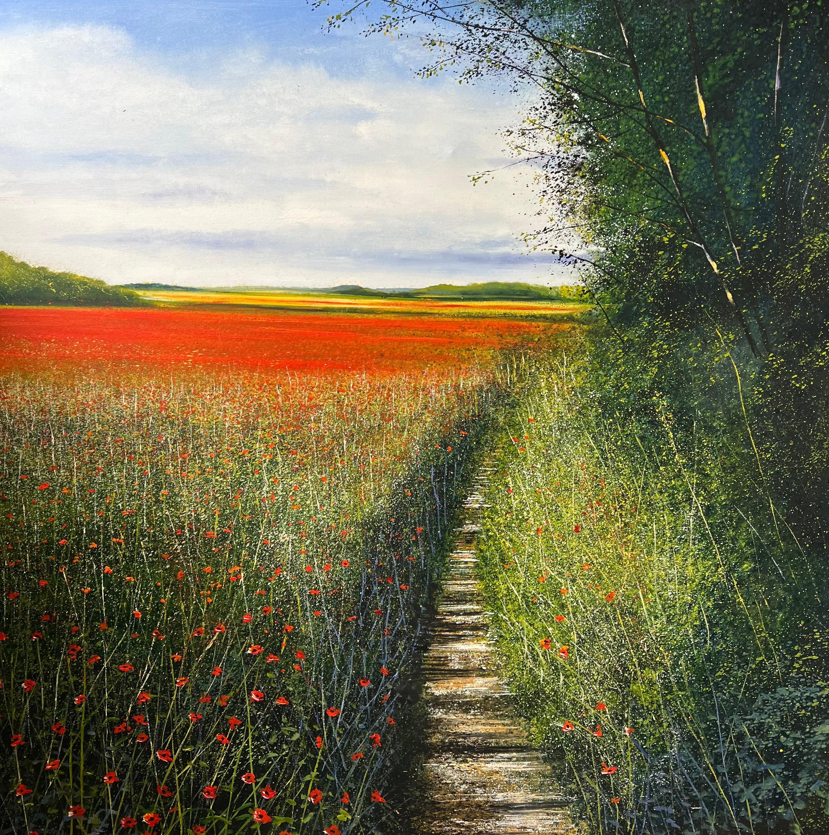 Poppy Path - Original Realismus zeitgenössische Landschaft Kunst zu verkaufen - Ölgemälde – Art von Rory J. Browne
