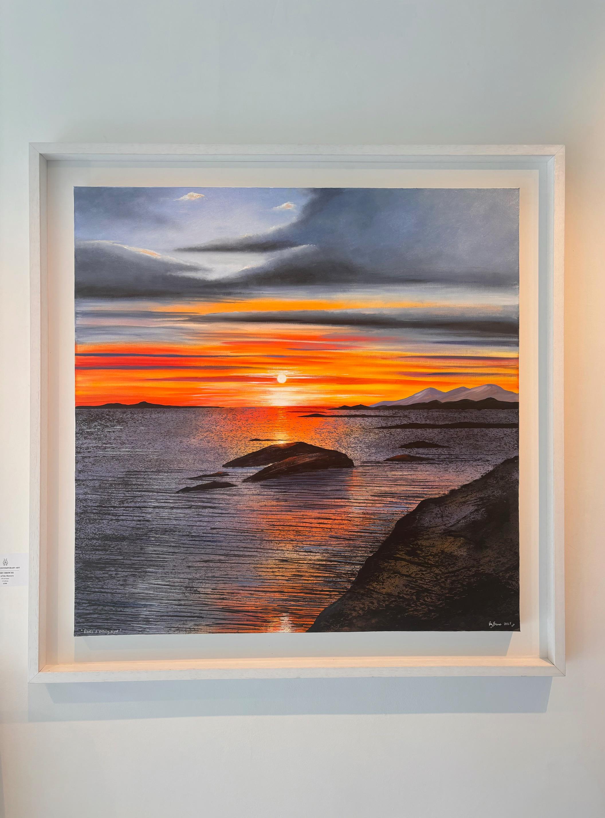 This exceptional artwork is currently on display and available for sale at Signet Contemporary Art Gallery and online.

Rory J Browne's Rock and Evening Light captures the elemental power and stillness of a coastal landscape at sunset. The sky is