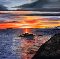 Rock and Evening Light-original floral landscape oil painting-contemporary ART