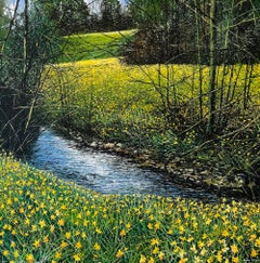 Stream and Daffodils - English countryside landscape vista oil painting original