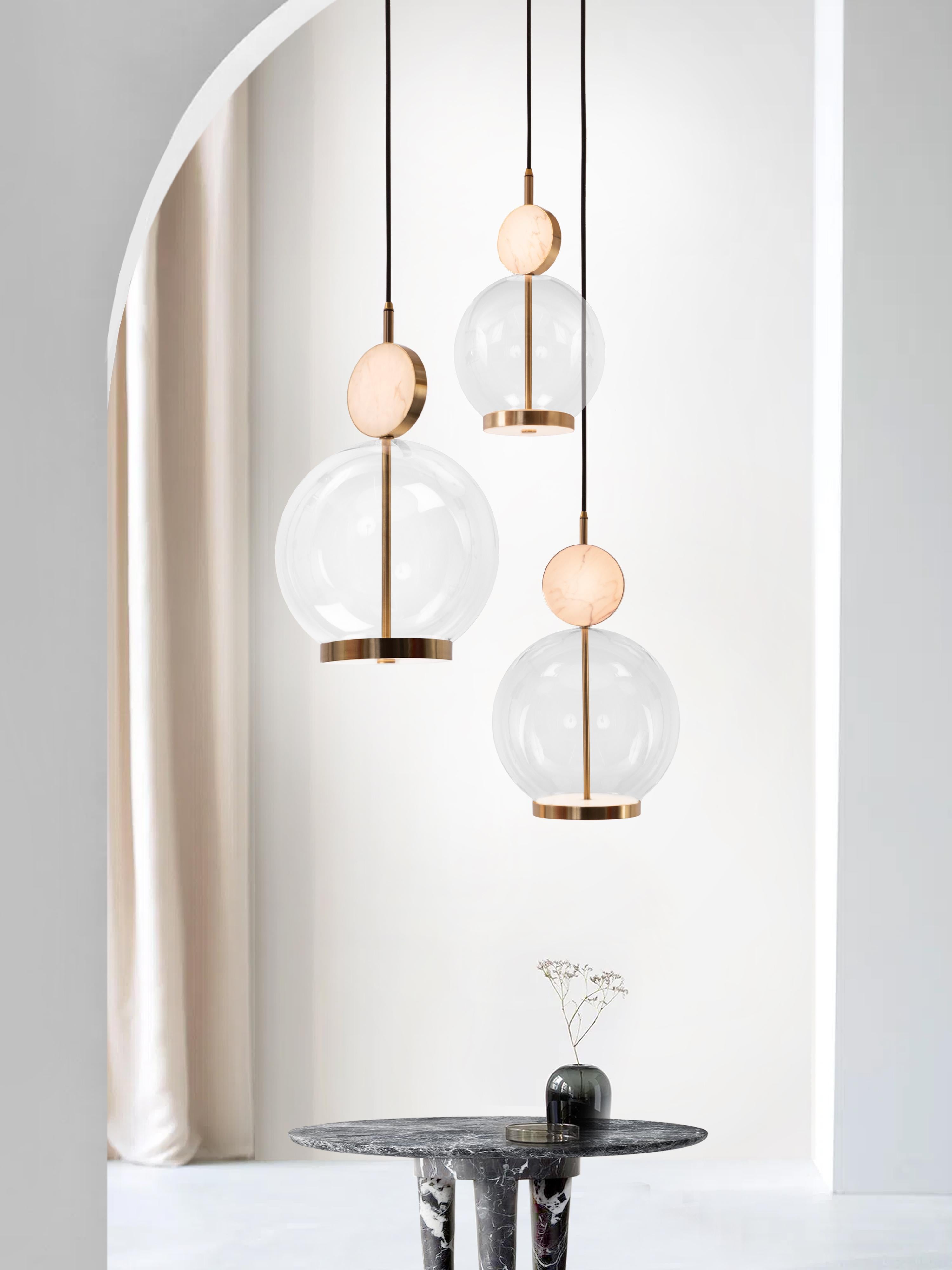 British Rosa Pendant 3-Piece by Marc Wood. Marble, Glass & Brass Handmade LED Lamps For Sale