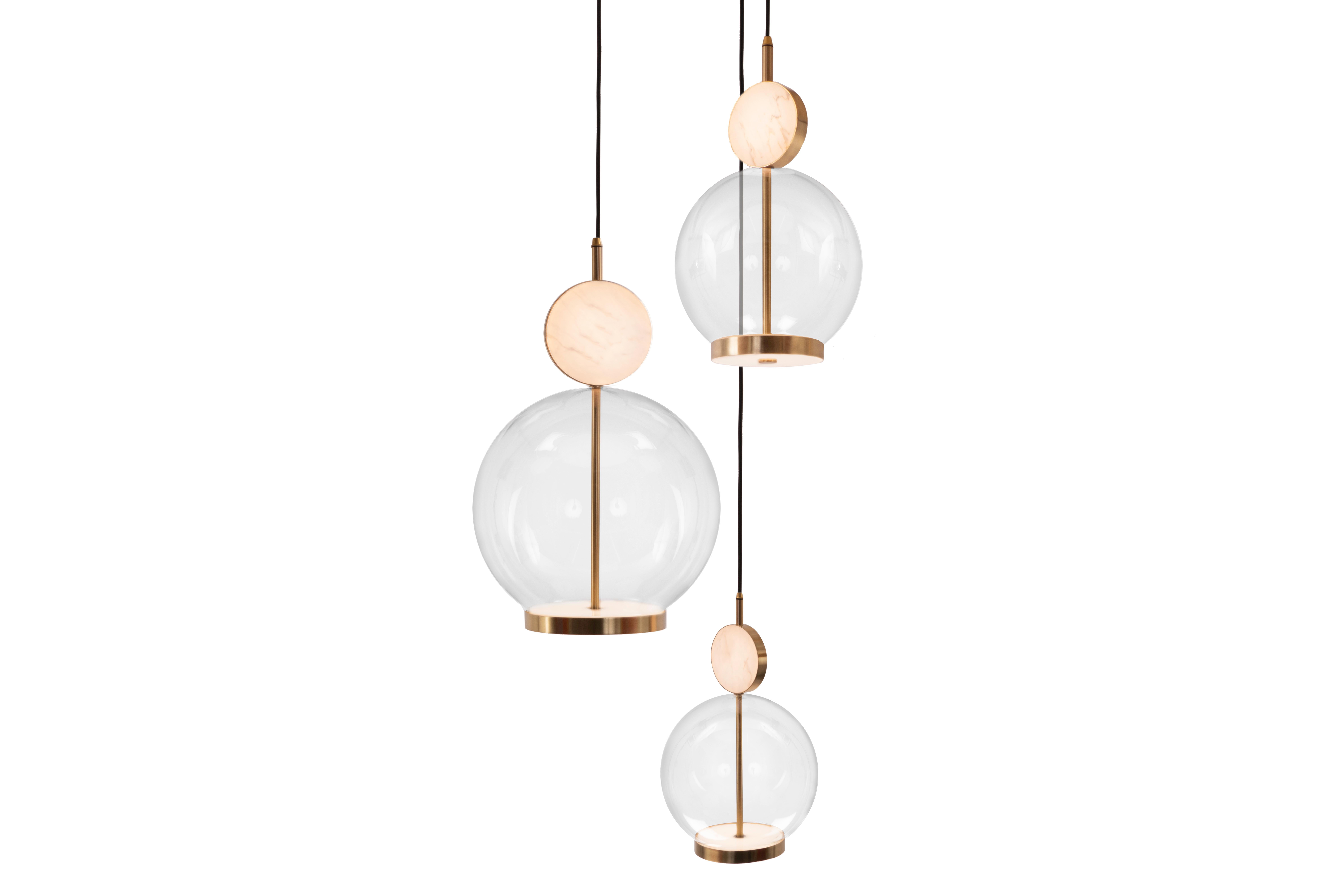 Rosa Pendant 3-Piece by Marc Wood. Marble, Glass & Brass Handmade LED Lamps For Sale