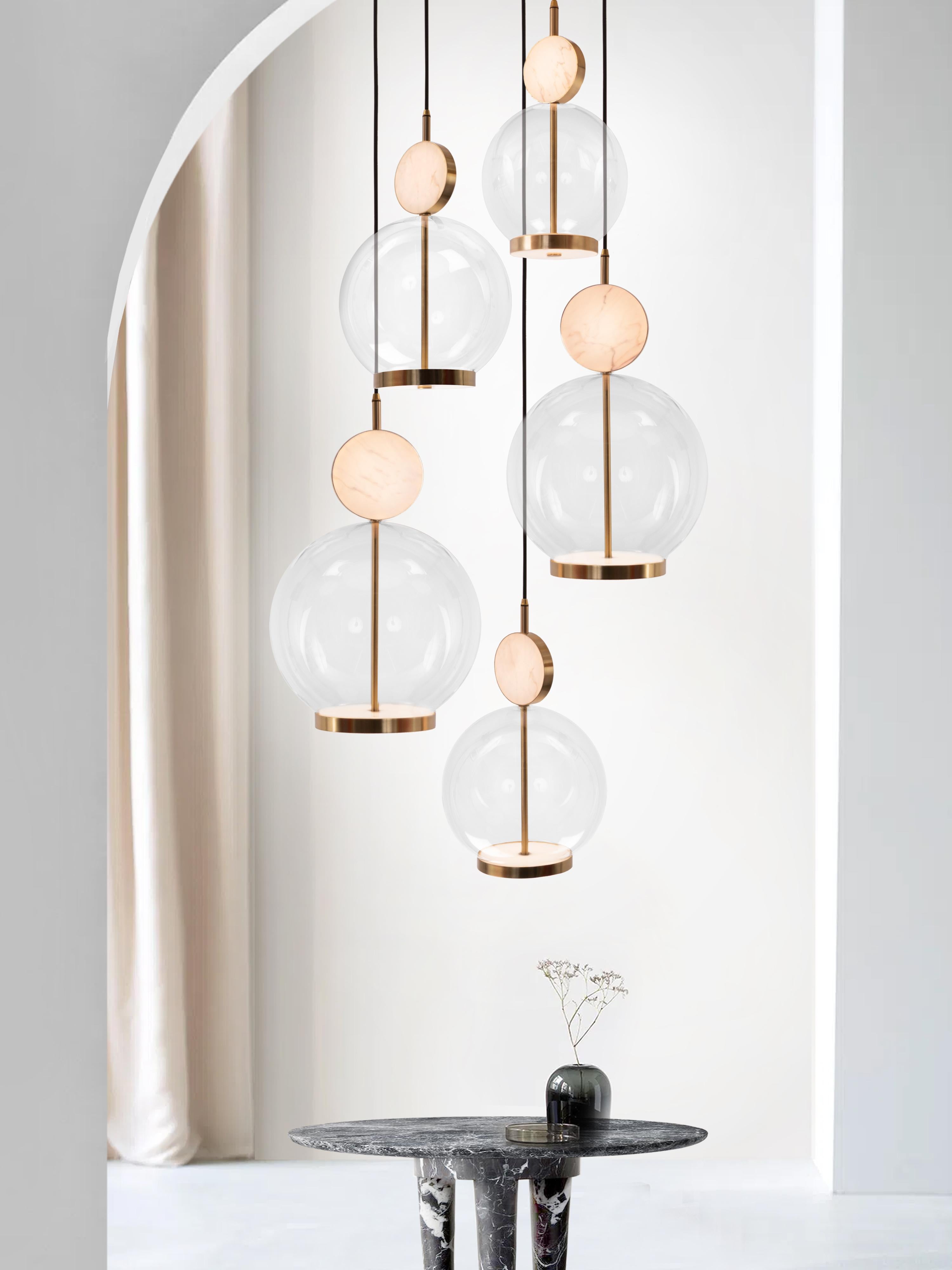 Modern Rosa Pendant 5-Piece by Marc Wood. Marble, Glass & Brass Handmade LED Lamps For Sale