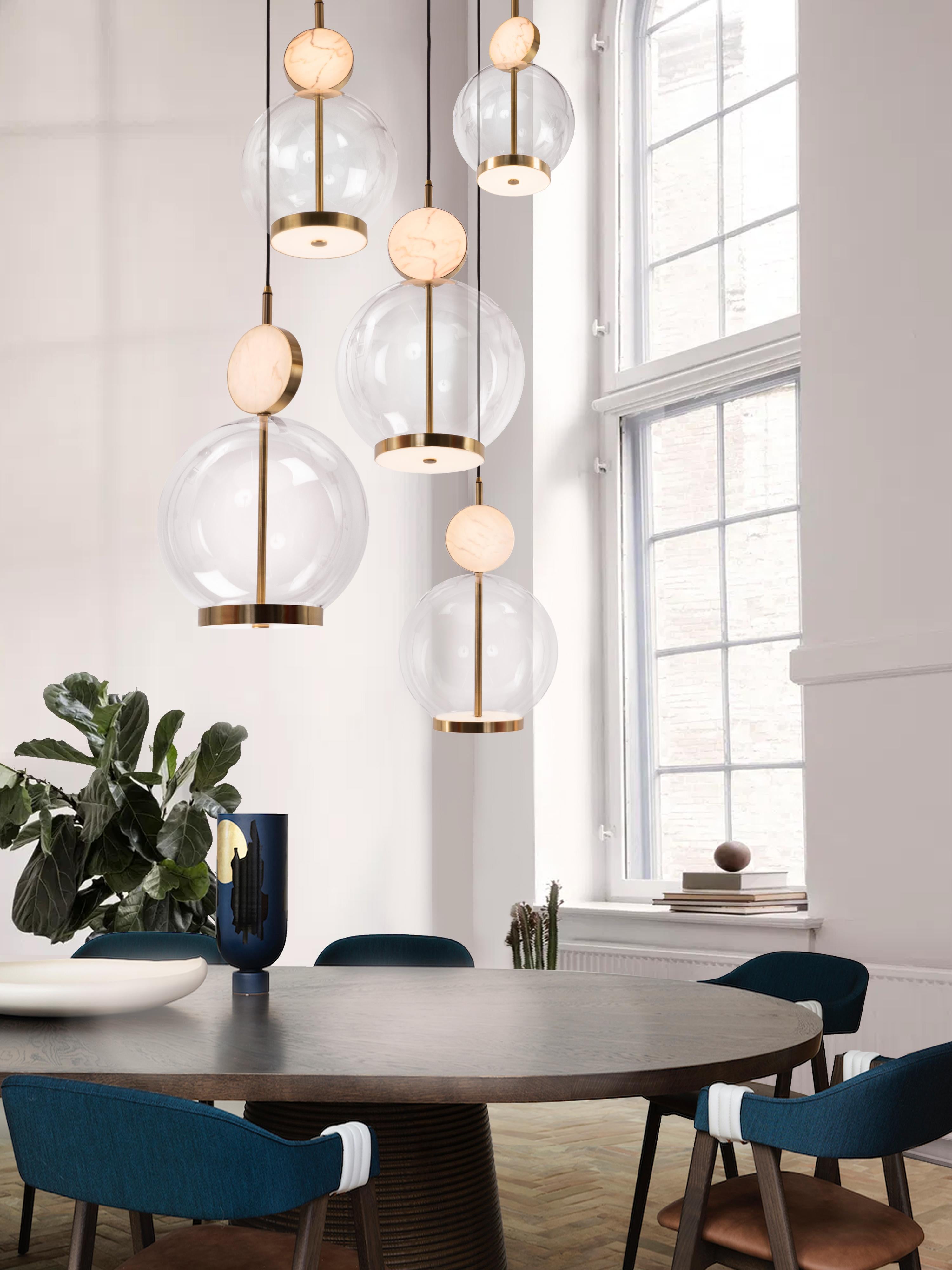 British Rosa Pendant 5-Piece by Marc Wood. Marble, Glass & Brass Handmade LED Lamps For Sale