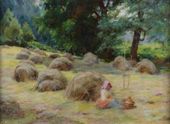 19th Century Antique Oil Painting: Sitting in the Cornfield, Signed and framed