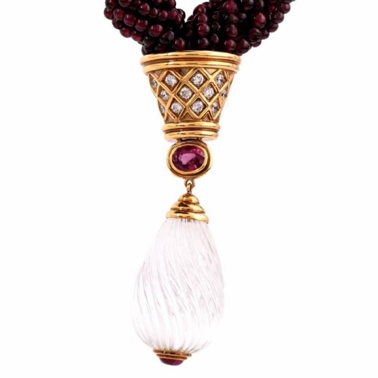 This Spanish Designer Rosa Bisbe necklace with multiple strands of intertwining genuine tourmaline beads approx. 3mm wide each, diamonds are displayed in a magnificently captivating drop pendant design weighing 174.2 Grams and measuring 15.5