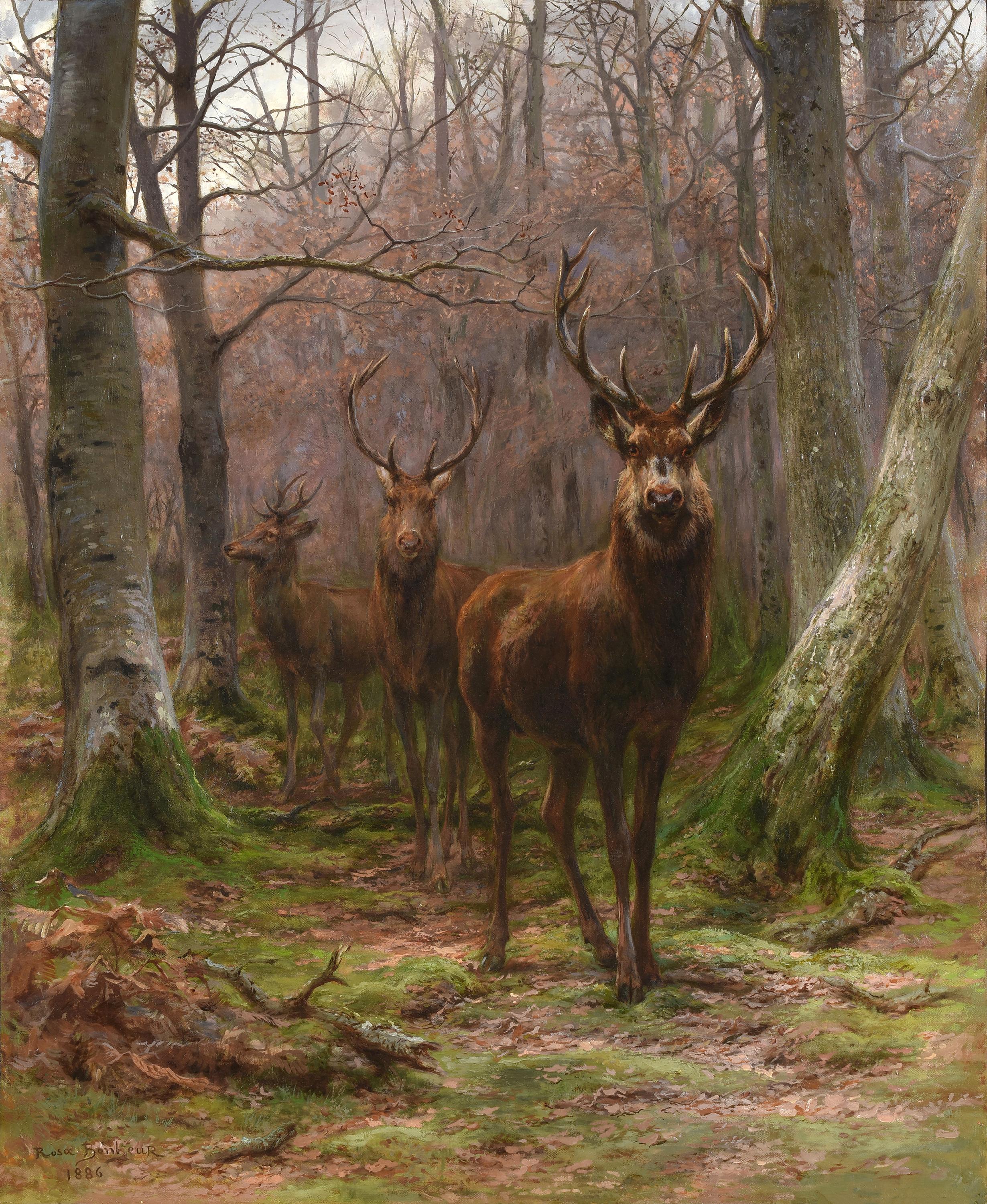 Rosa Bonheur Landscape Painting - Three Bucks in the Fontainebleau Forest