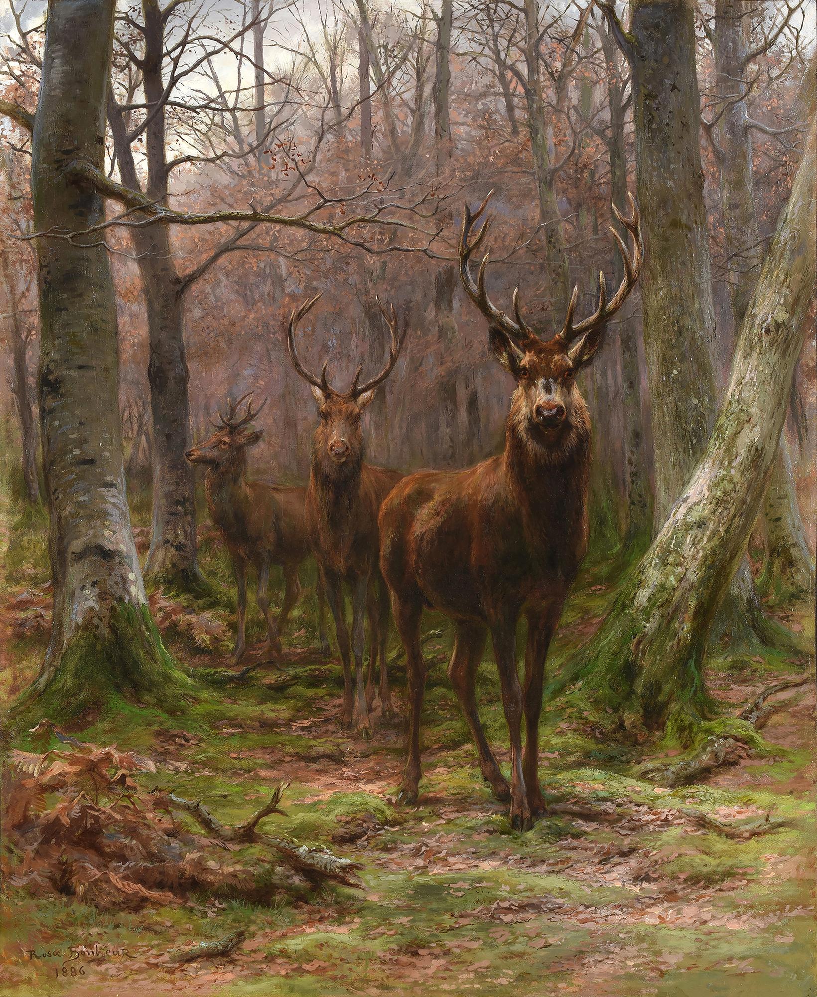 Rosa Bonheur Landscape Painting - Three Bucks in the Fontainebleu Forest