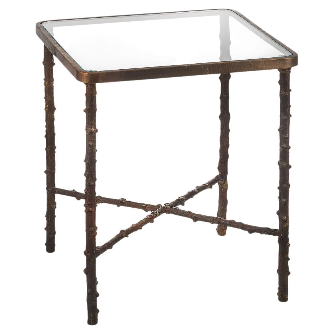 Rosa Canina Squared Side Table with Glass Top, Burnised Brass Finish For Sale