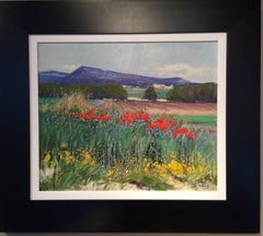 Quadro di paesaggio contemporaneo luminoso e colorato "Villa di montagna", Red & Greene