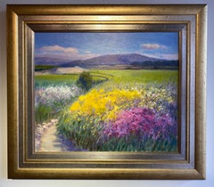 'Winding Path' Contemporary Landscape painting of flowers, mountains, fields 