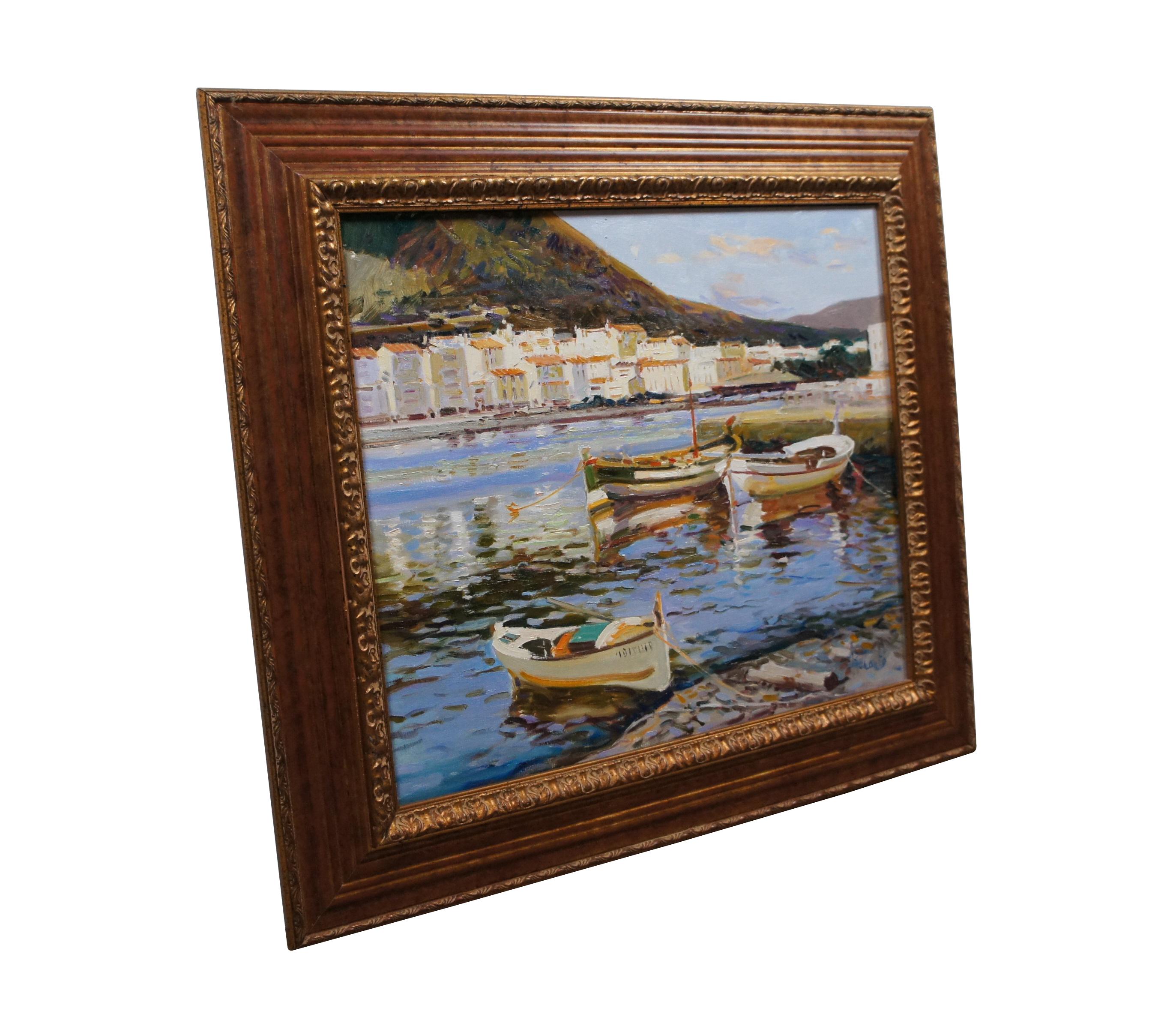 Late 20th century impressionist seascape oil painting on canvas by Rosa Canto, depicting small sailboats in a harbour with a Mediterranean cityscape / town of white buildings in the background. Signed R. Canto in lower right. Grooved giltwood frame