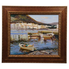 Rosa Canto Spanish Impressionist Seascape Boats Harbour Oil Painting 29"