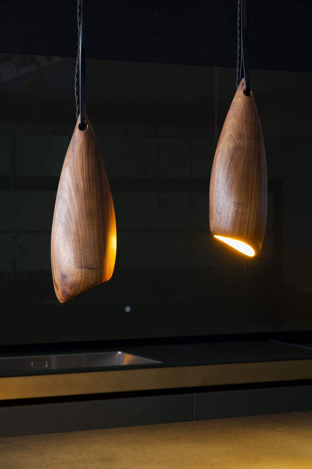 Hand-Carved Rosa Contemporary carved Walnut hanging lamps by Nadine Hajjar For Sale