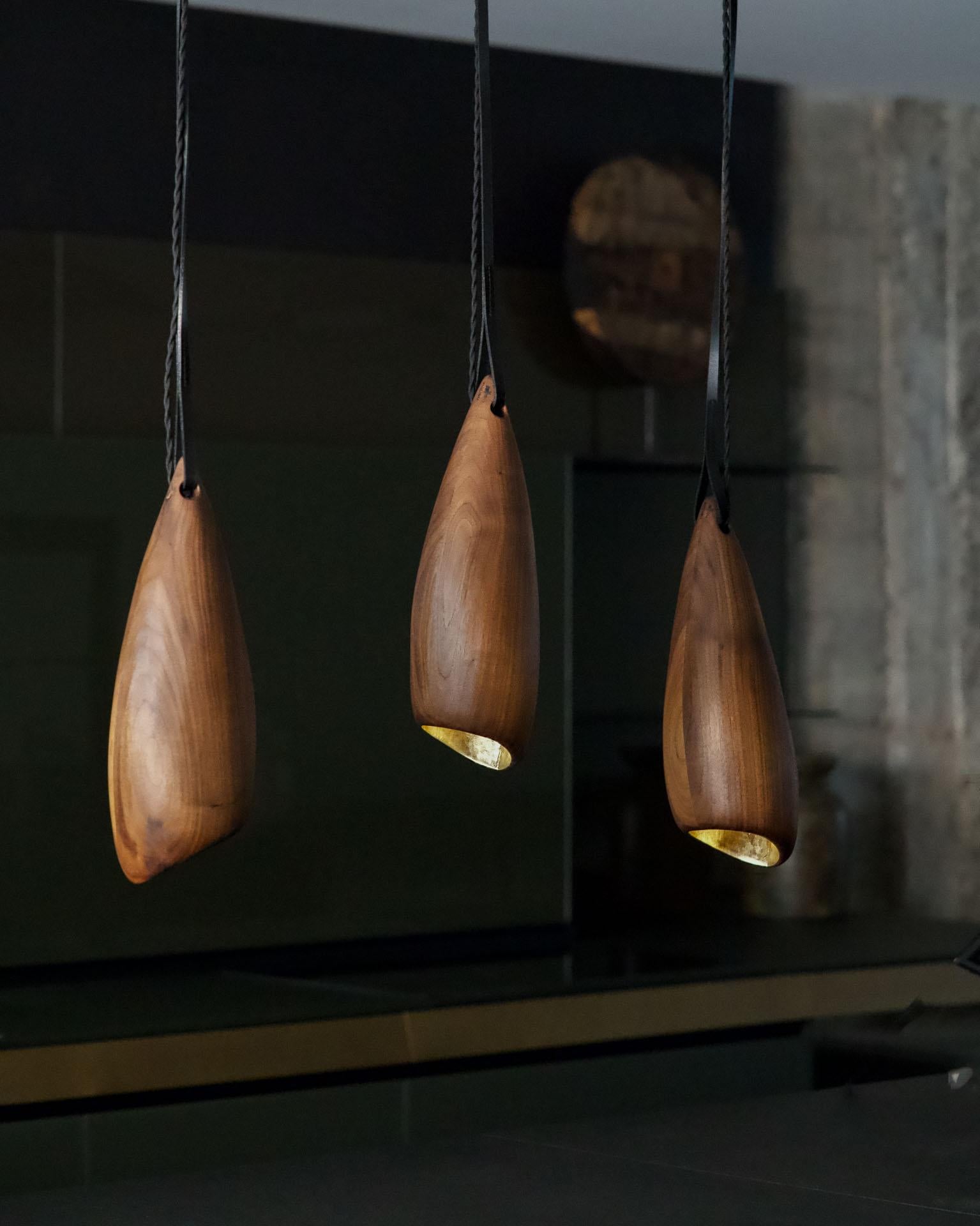 Rosa Contemporary carved Walnut hanging lamps by Nadine Hajjar In New Condition For Sale In Montreal, QC