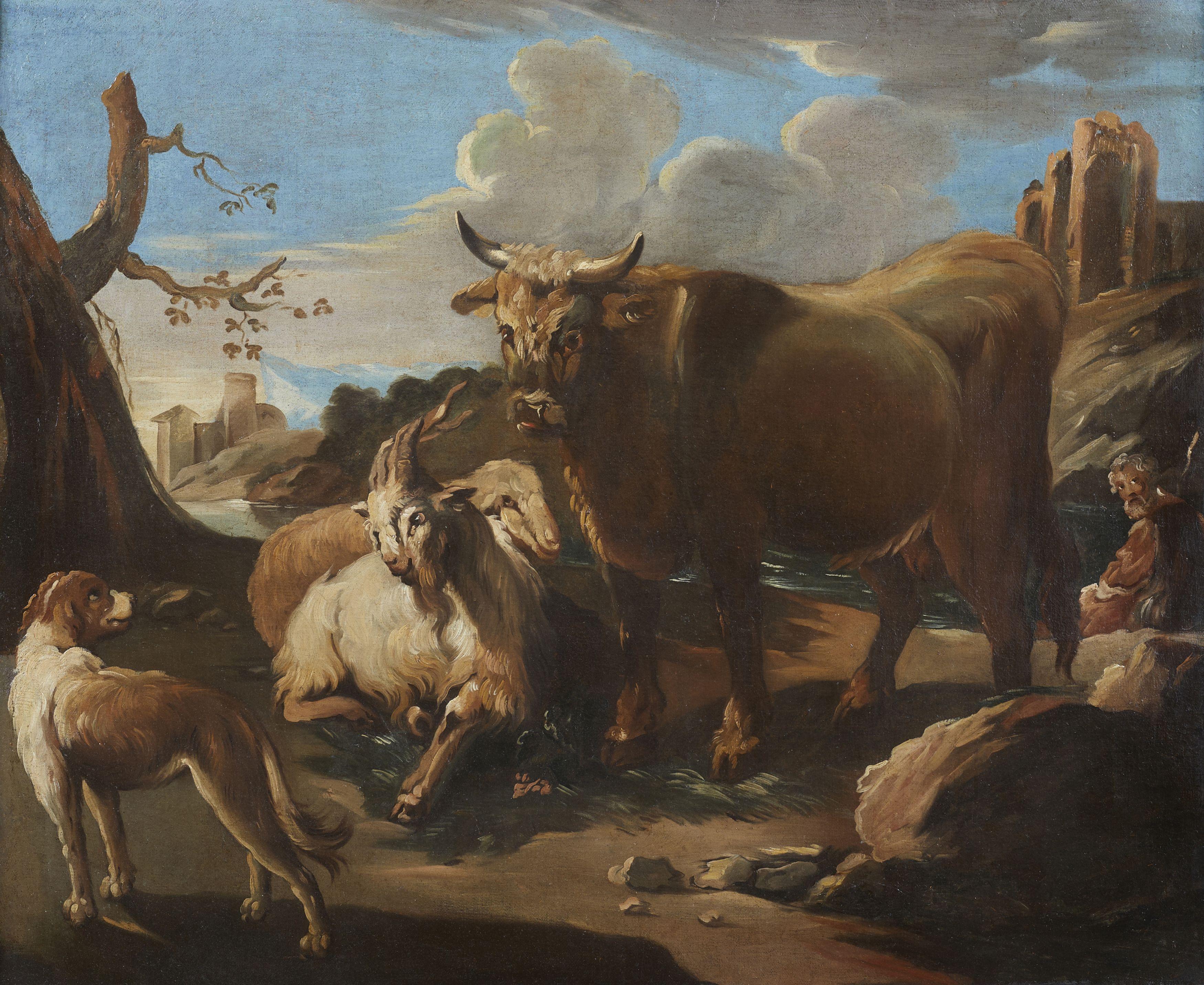 Siglo XVII Animales Rosa da Tivoli Naturaleza Paisaje Óleo sobre lienzo Azul Verde 1