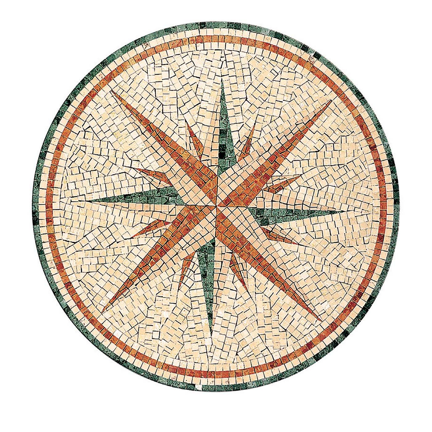 This artistic mosaic features a stunning rendition of a compass rose made from a combination of multicolored tesserae in the following marble: Botticino, Rosa Perlino, Rosso Verona, and Verde. A striking polished finish completes the style. The item