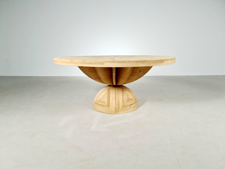 Large Rosa dei Venti table designed by the artist Mario Ceroli in ’70s and produced by Poltronova. On the top there is a very beautiful inlay of the Wind Rose and at the four vertices of the table there are indications of the four directions North,
