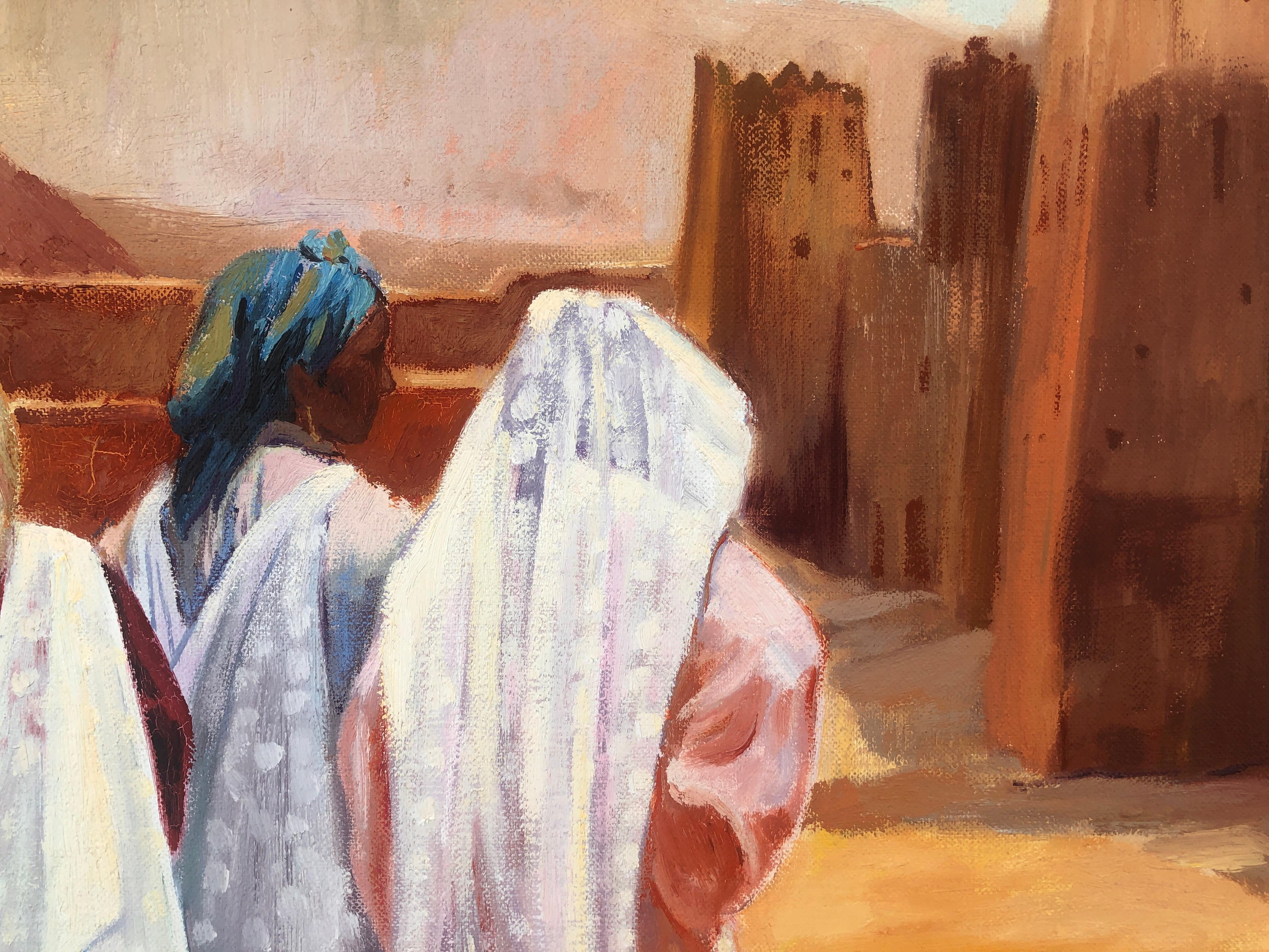 Camino a la Kasbah Marruecos óleo sobre lienzo pintura arte orientalista - Figurative Painting Marrón de Rosa Lopez