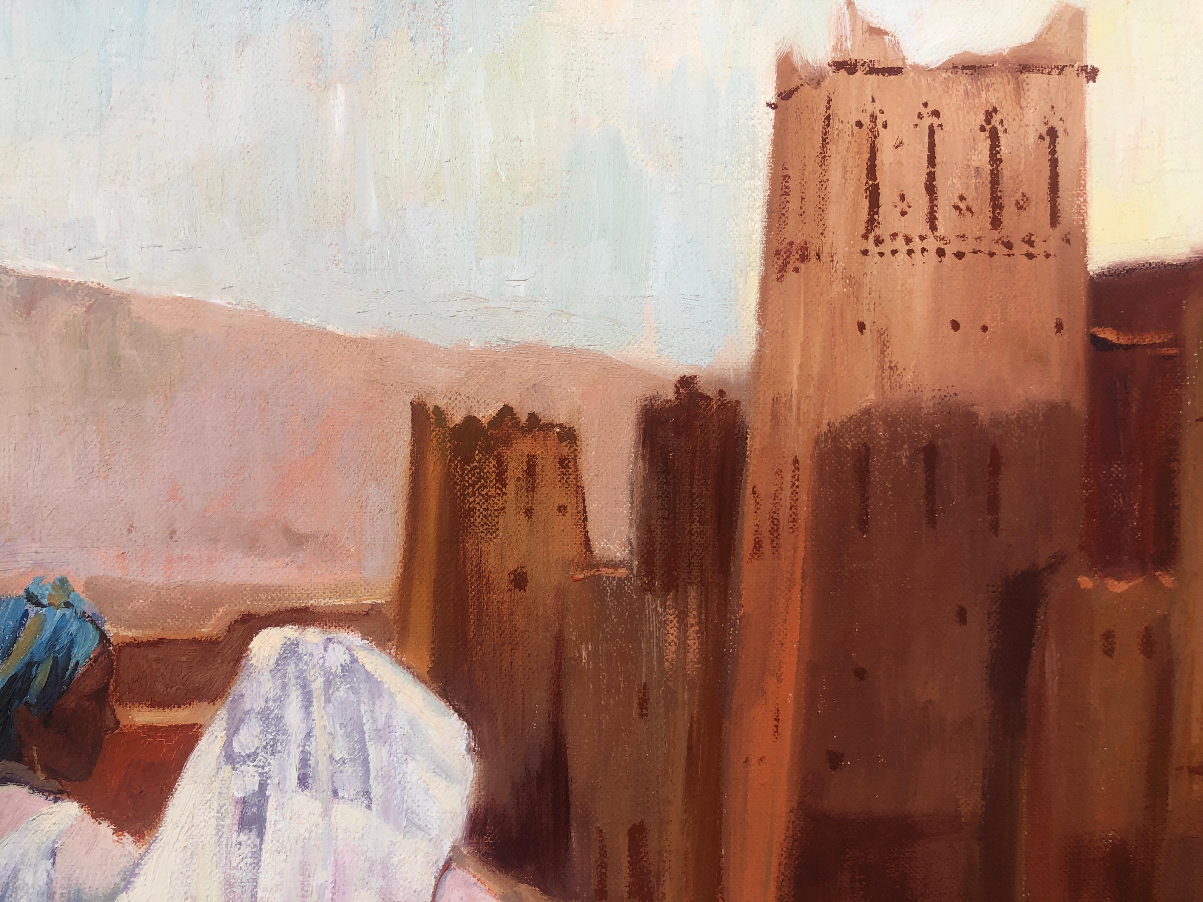 Camino a la Kasbah Marruecos óleo sobre lienzo pintura arte orientalista en venta 1