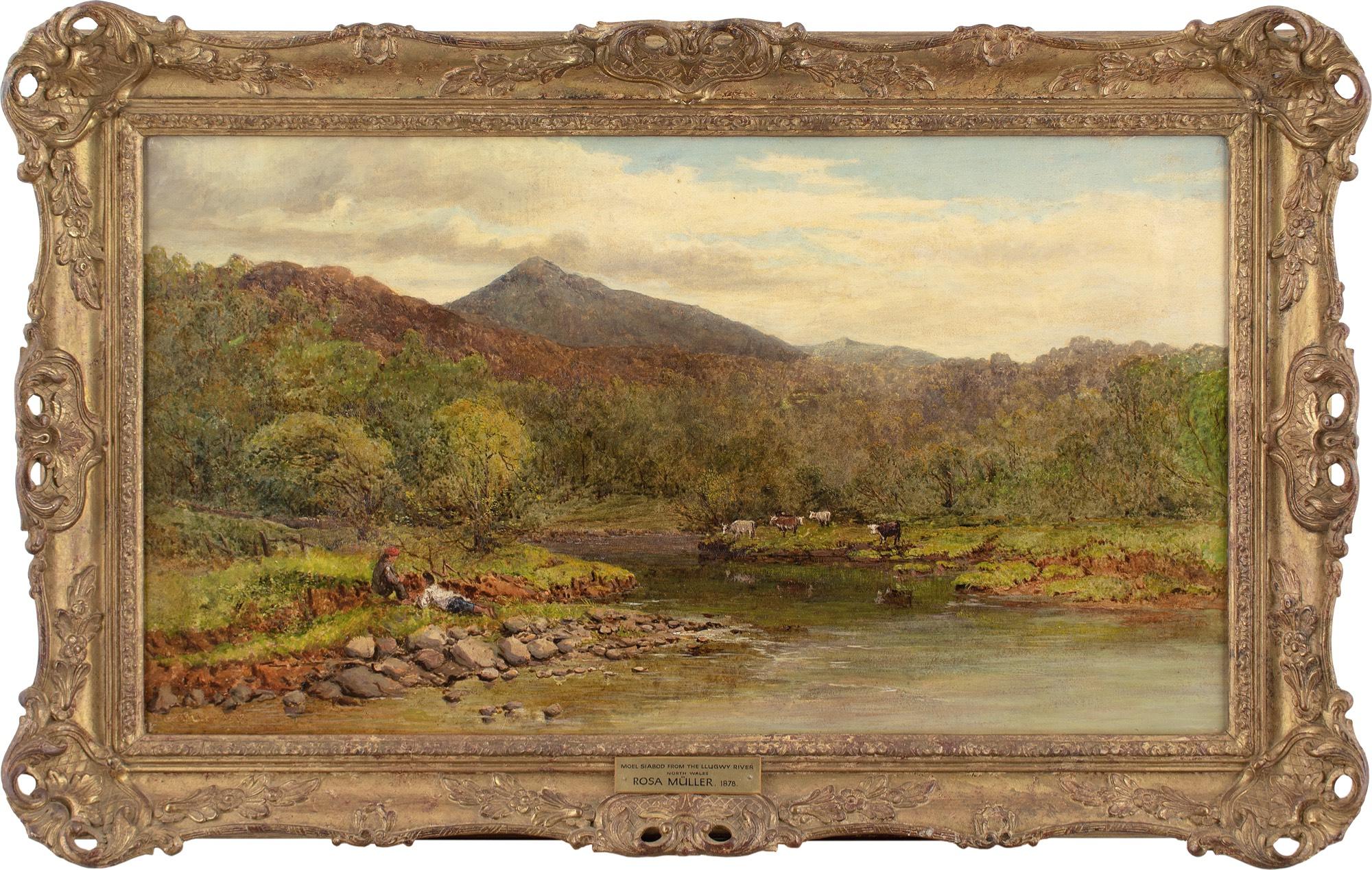This late 19th-century oil painting by British artist Rosa Müller (1822-1914) depicts the Moel Siabod mountain in Snowdonia, from the winding River Llugwy. Two children play on the riverbank.

Rosa Müller was predominantly known for her naturalistic