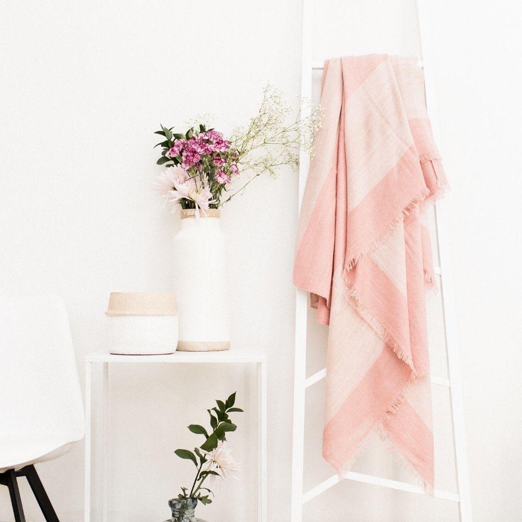 Rosa Pastel Pink Cream Artisanal Handwoven Throw Bedspread In Plush Soft Merino For Sale 6
