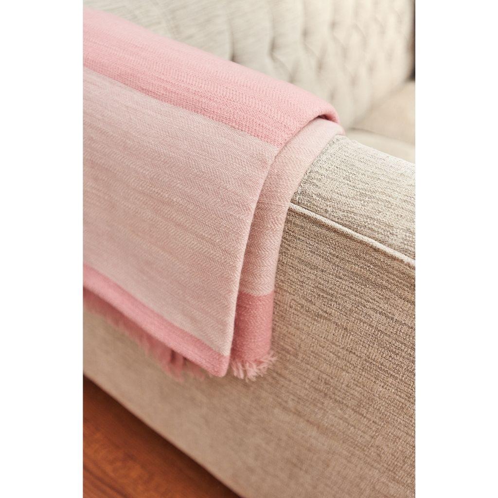 Rosa Pastel Pink Cream Artisanal Handwoven Throw Bedspread In Plush Soft Merino For Sale 7