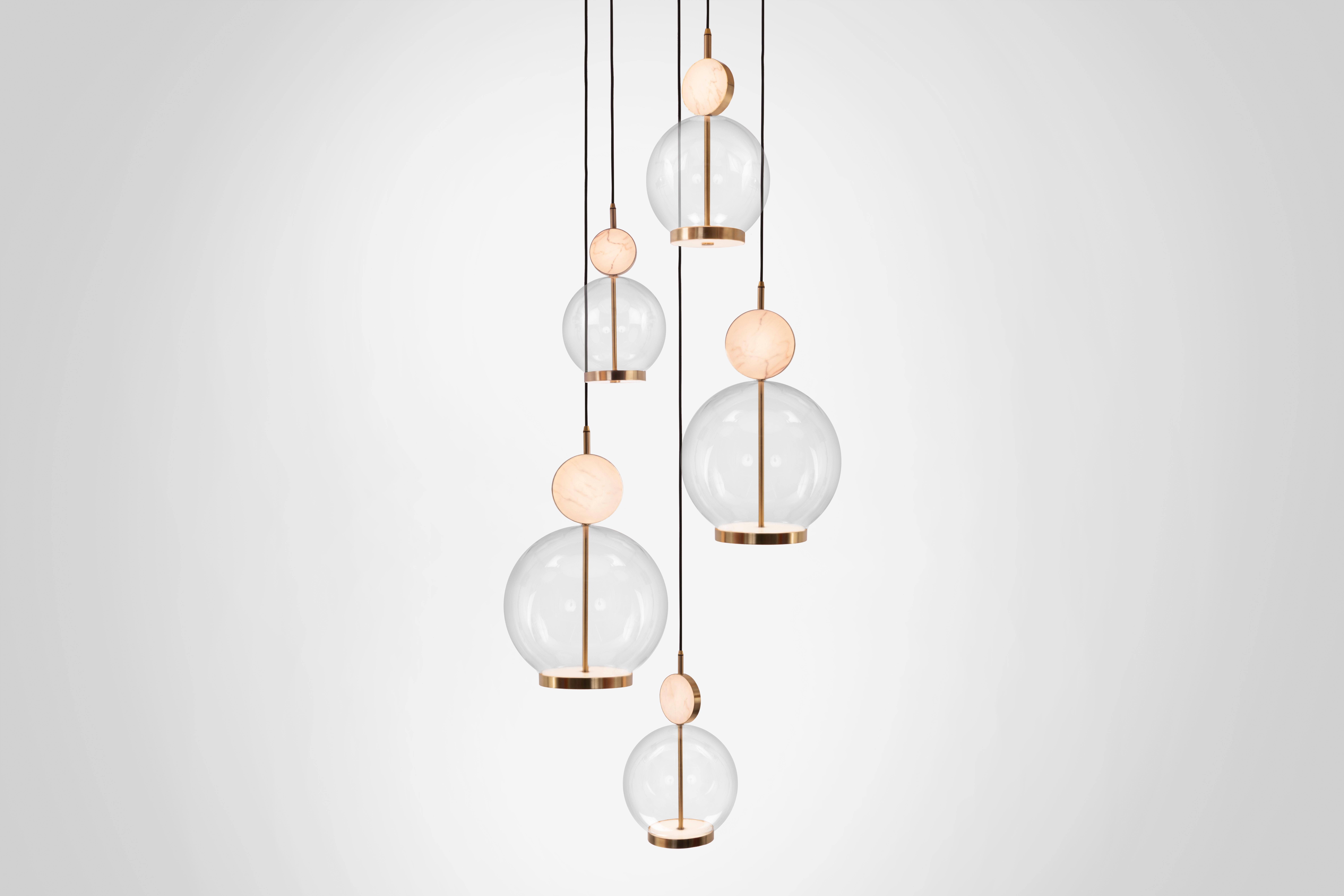 Brushed Rosa Pendant 5-Piece by Marc Wood. Marble, Glass & Brass Handmade LED Lamps For Sale