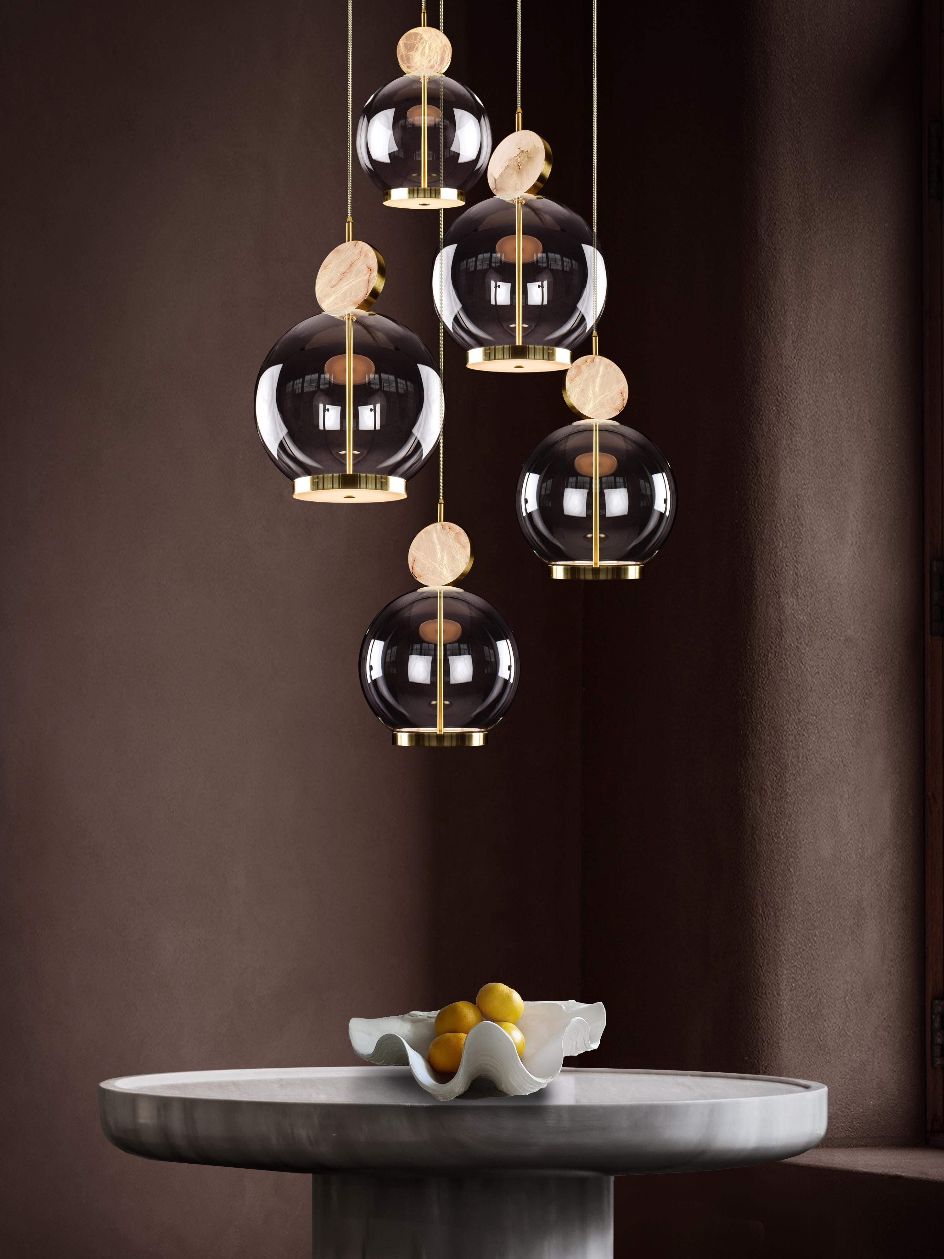 Rosa Pendant 5-Piece by Marc Wood. Marble, Glass & Brass Handmade LED Lamps In New Condition For Sale In London, GB