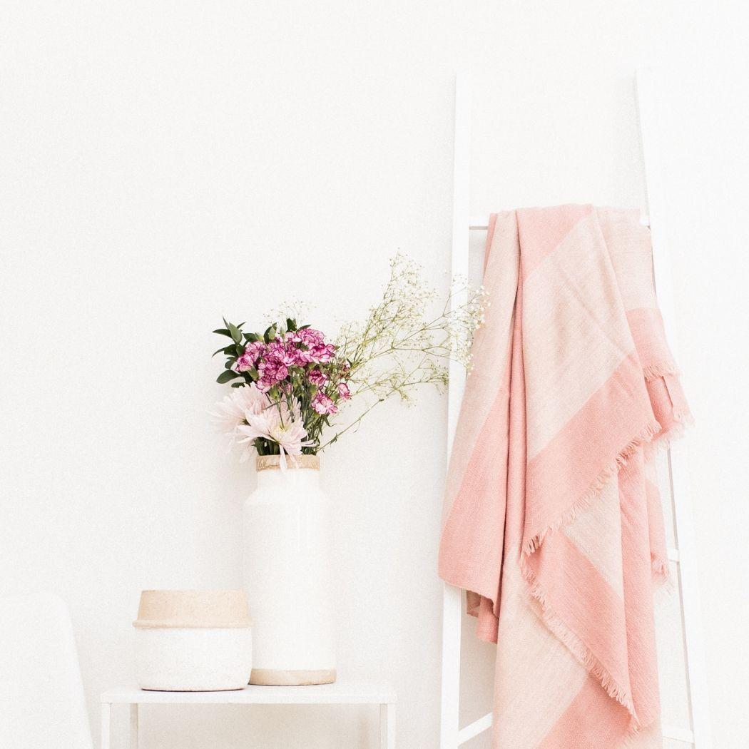 Hand-Woven Rosa Plush Handloom Queen Size Merino Bedspread In Shades of Soft Pink & Cream 