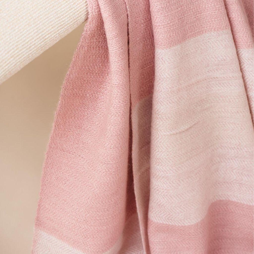 Contemporary Rosa Plush Handloom Queen Size Merino Bedspread In Shades of Soft Pink & Cream 