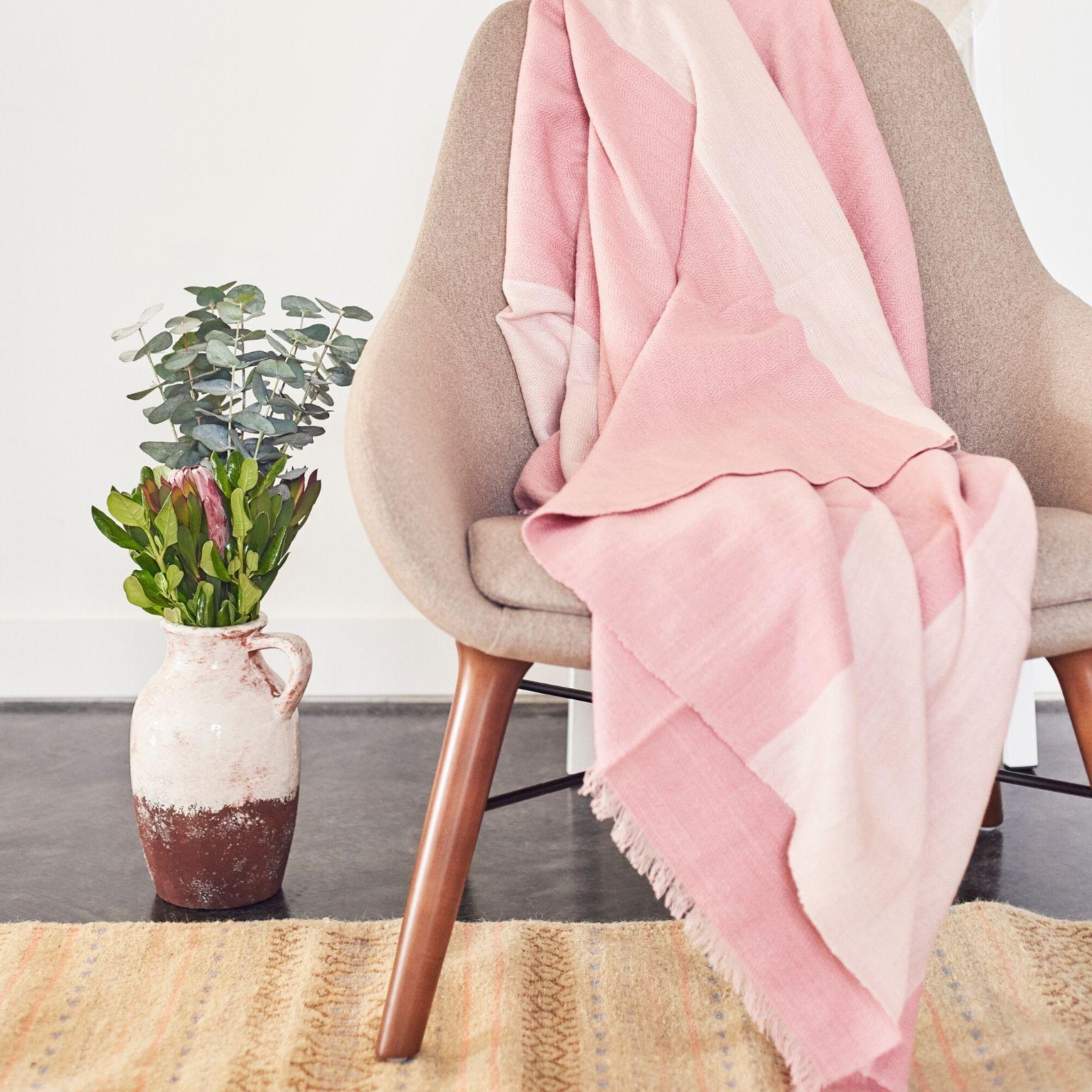 Yarn Rosa Plush Handloom Queen Size Merino Bedspread In Shades of Soft Pink & Cream 