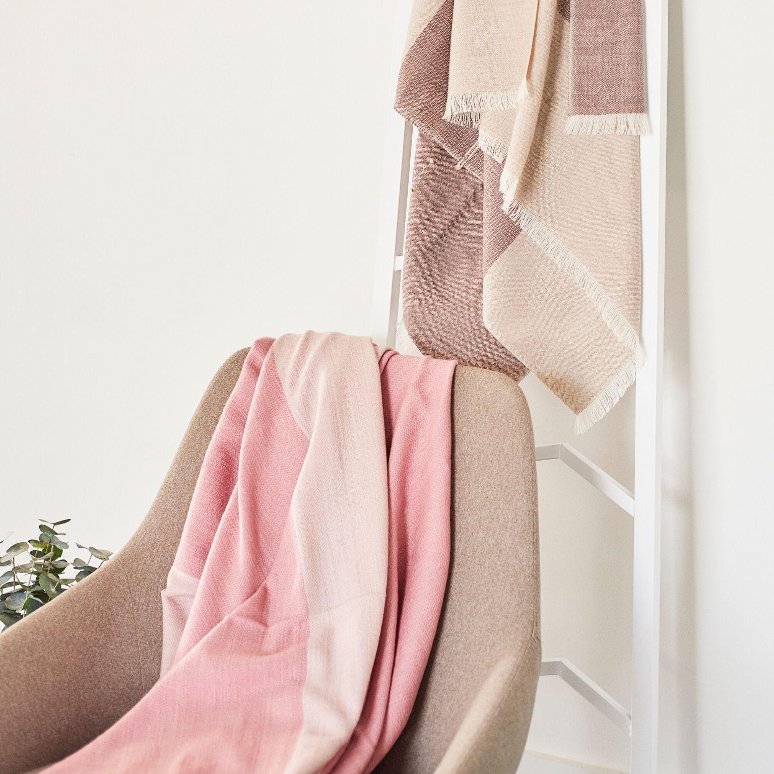 Rosa Plush Handloom Queen Size Merino Bedspread In Shades of Soft Pink & Cream  2