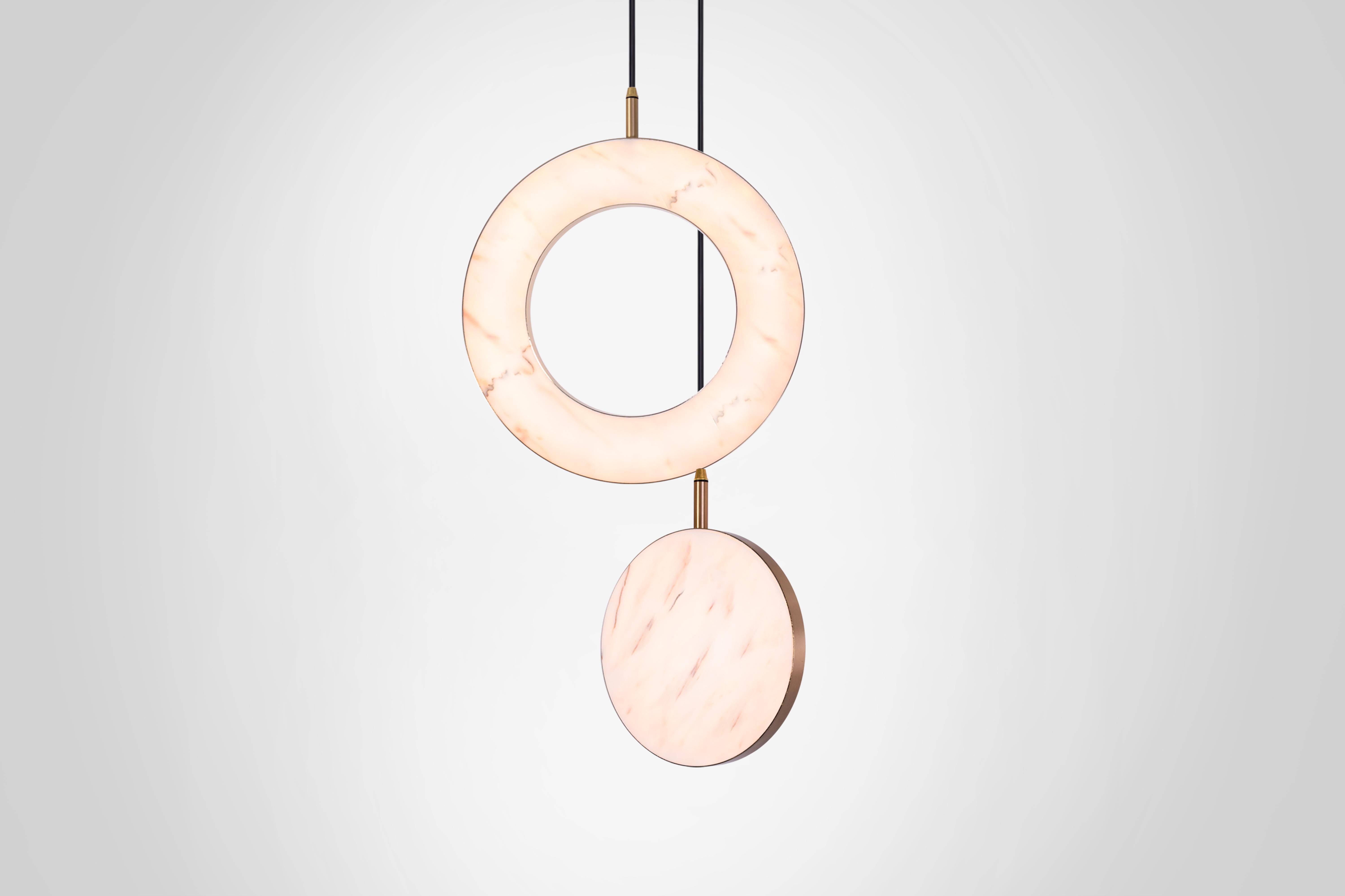British ‘Rosa Ring, 2 Piece’ by Marc Wood. Brass and Rosa Marble, handmade lamps (LED) For Sale