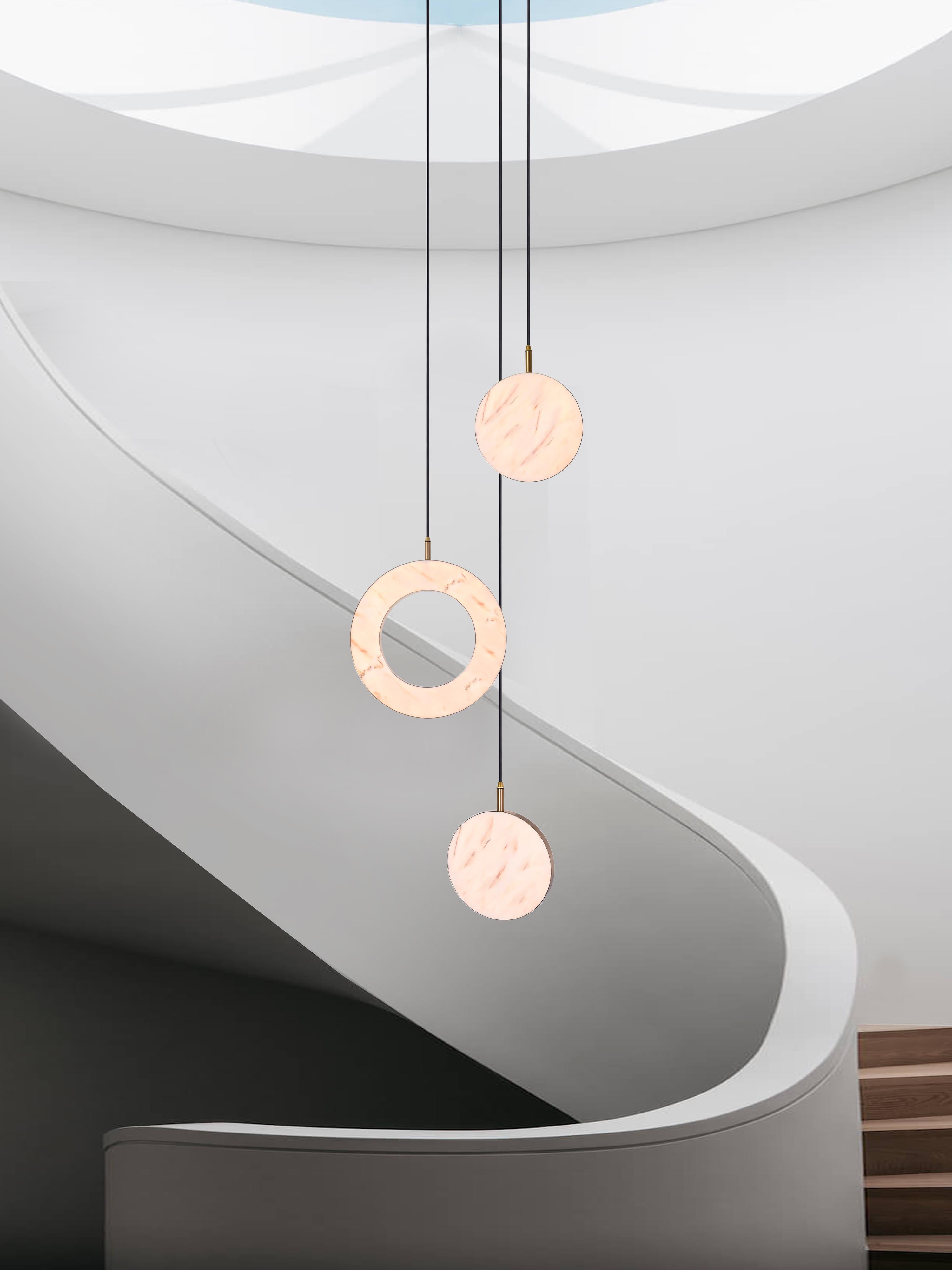 British ‘Rosa Ring, 3 Piece’ by Marc Wood. Brass and Rosa Marble, handmade lamps (LED) For Sale