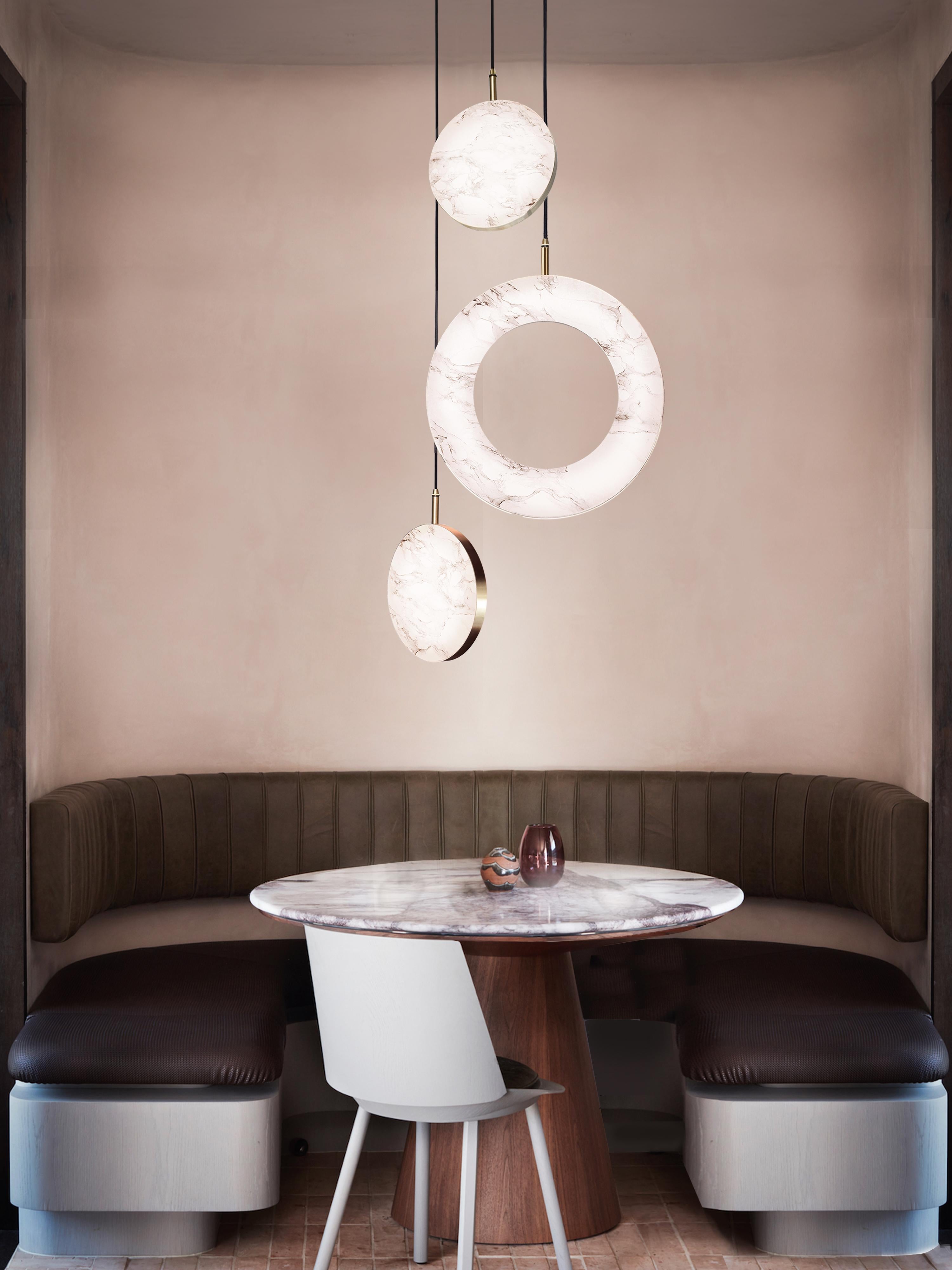 British ‘Rosa Ring, 3 Piece’ by Marc Wood. Brass and Rosa Marble, handmade lamps (LED) For Sale