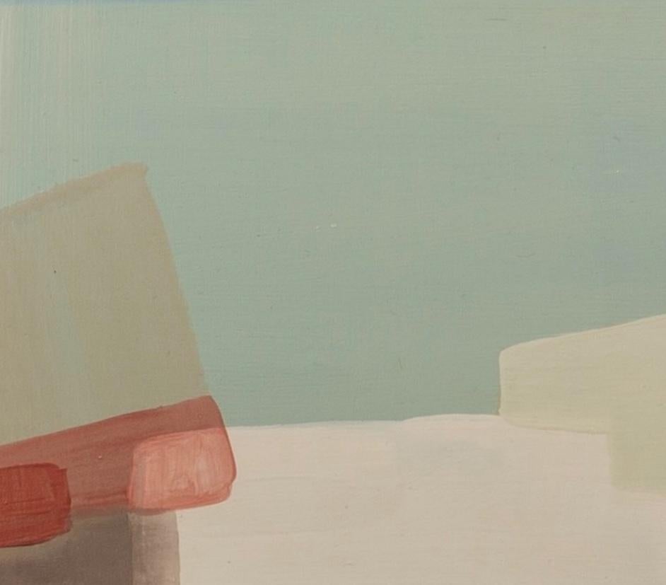 No me salpiques III - Pintura acrílica abstracta tonal, Azul, Beige + Rosa - Landscape Painting Gris de Rosa Roig-Fiol